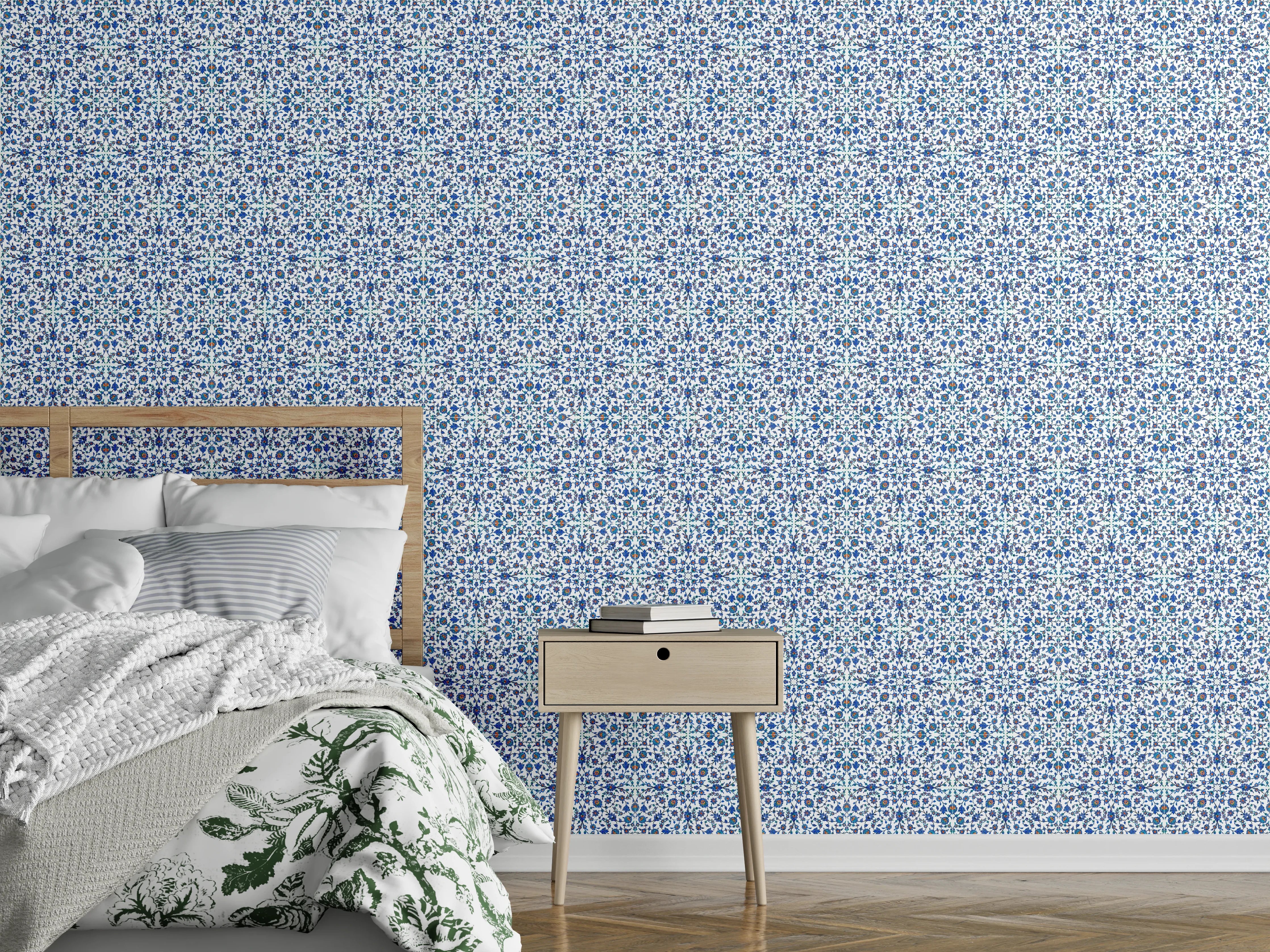 Wandverkleidung Schlafzimmer - Orientalisches Kachelmuster Blau-Weiß