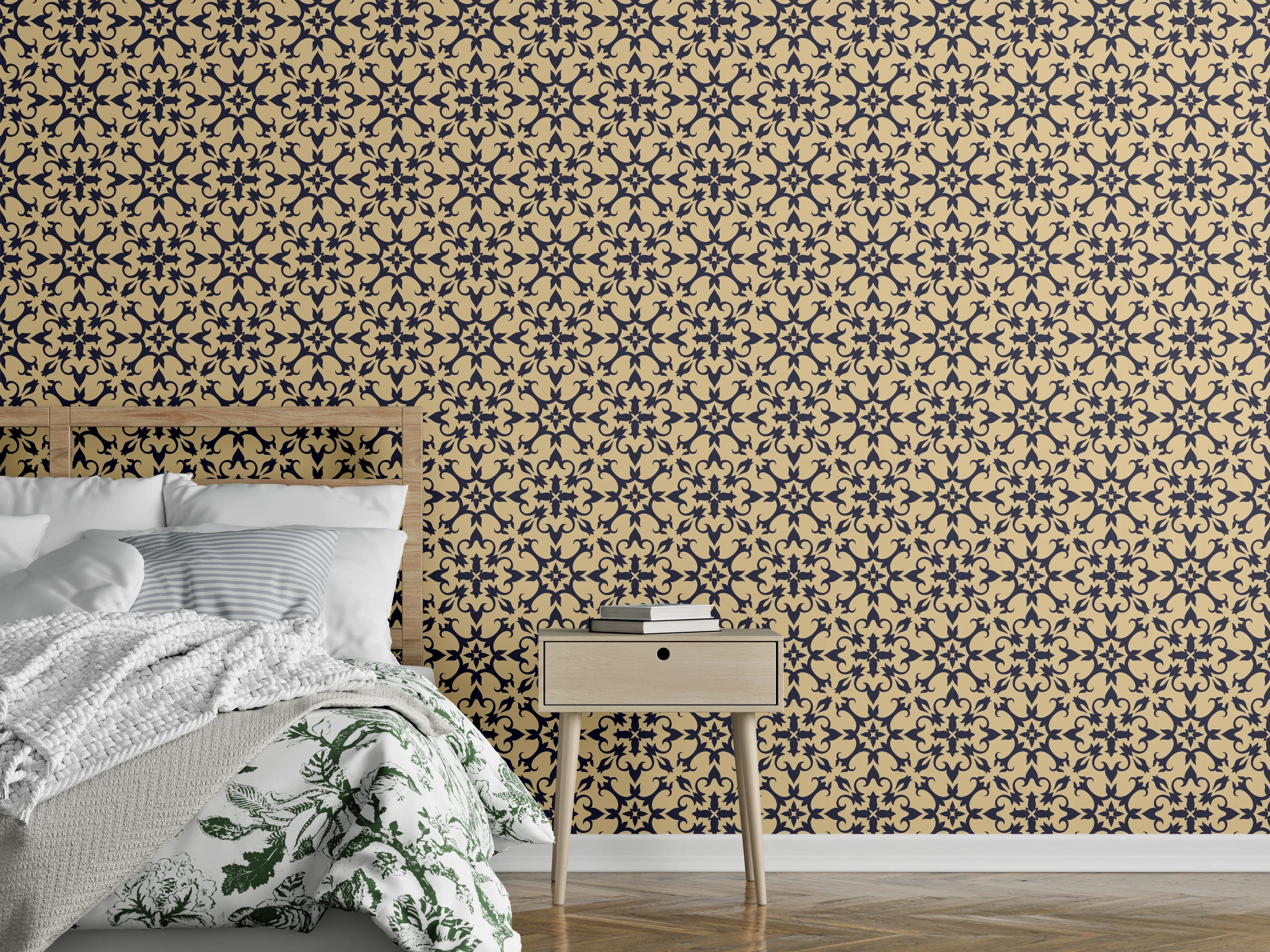 Wandverkleidung Schlafzimmer - Orientalisches Retro-Muster in Beige-Braun