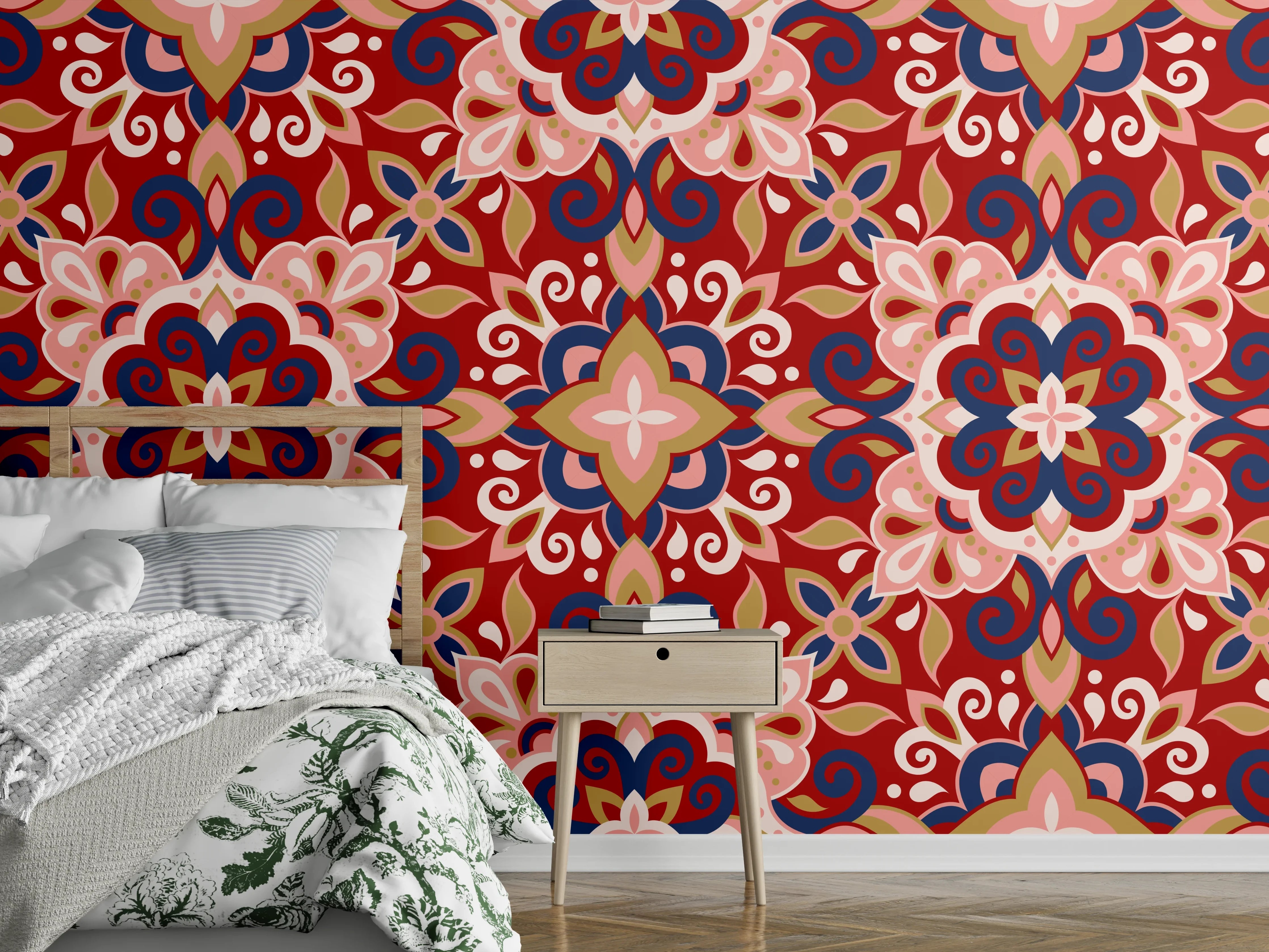 Wandverkleidung Schlafzimmer - Orientalisches Rot-Blau Muster
