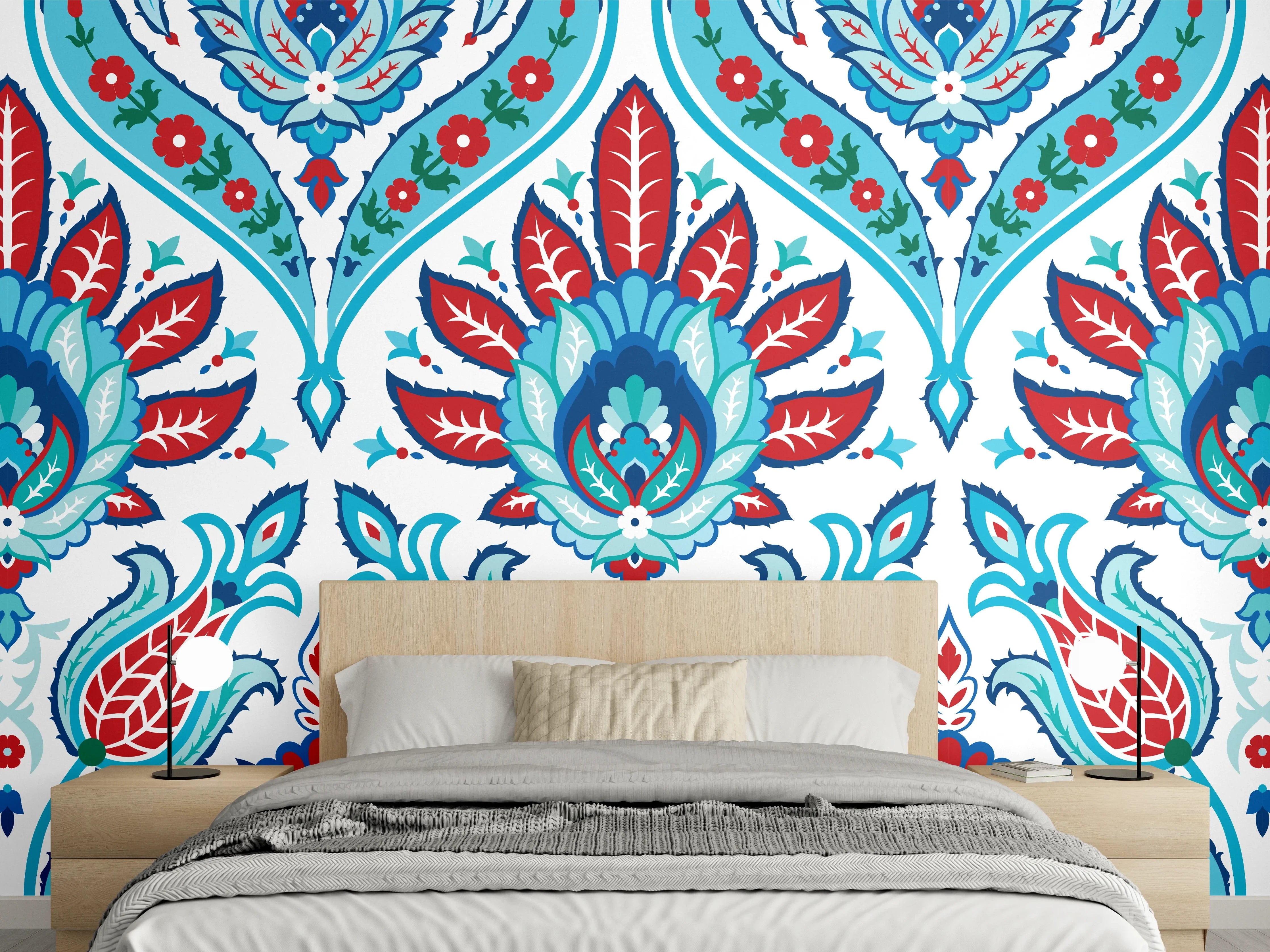 Wandverkleidung Schlafzimmer - Orientalisches Türkis-Rot Druckmuster
