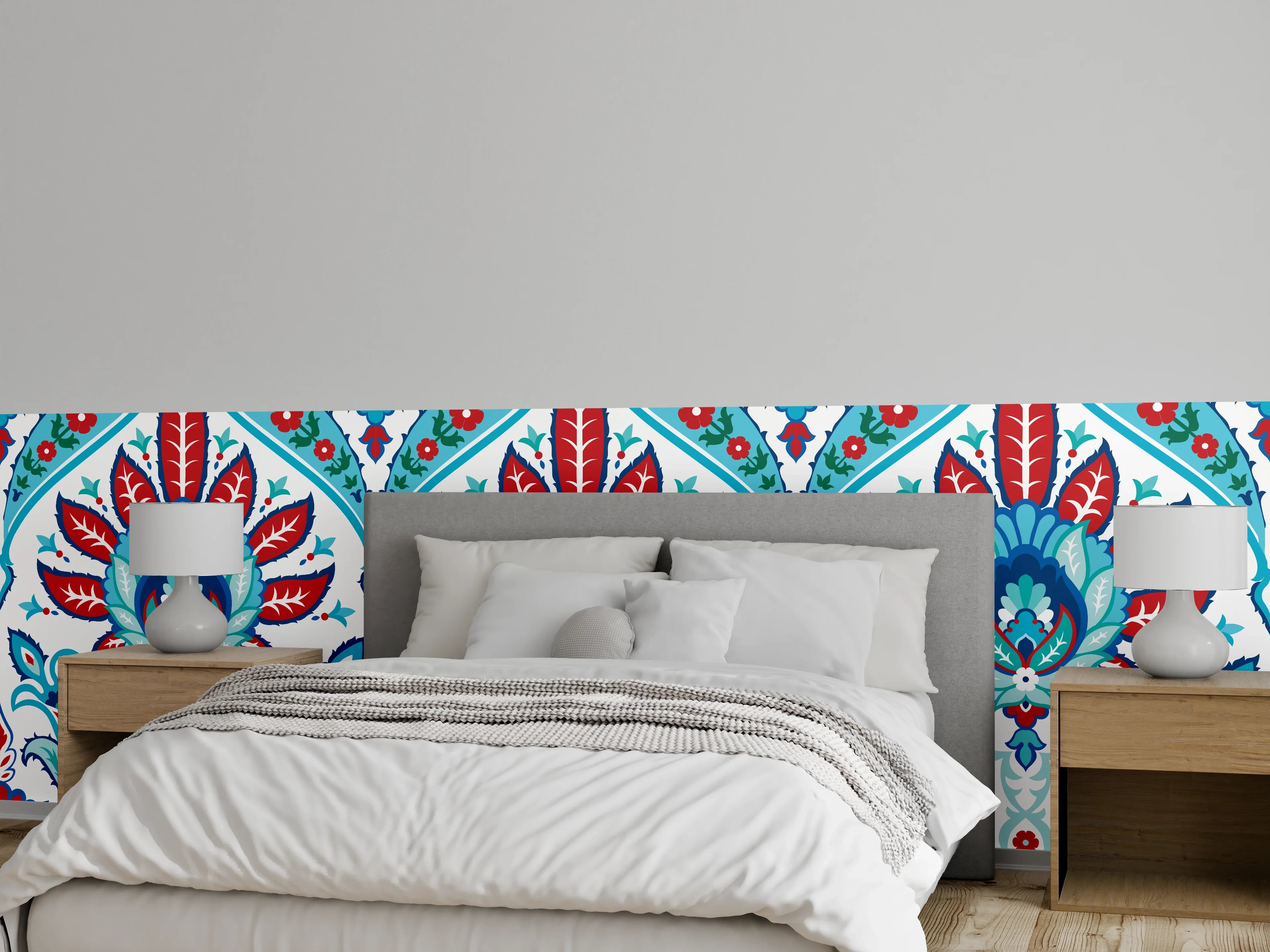 Wandverkleidung Schlafzimmer - Orientalisches Türkis-Rot Druckmuster