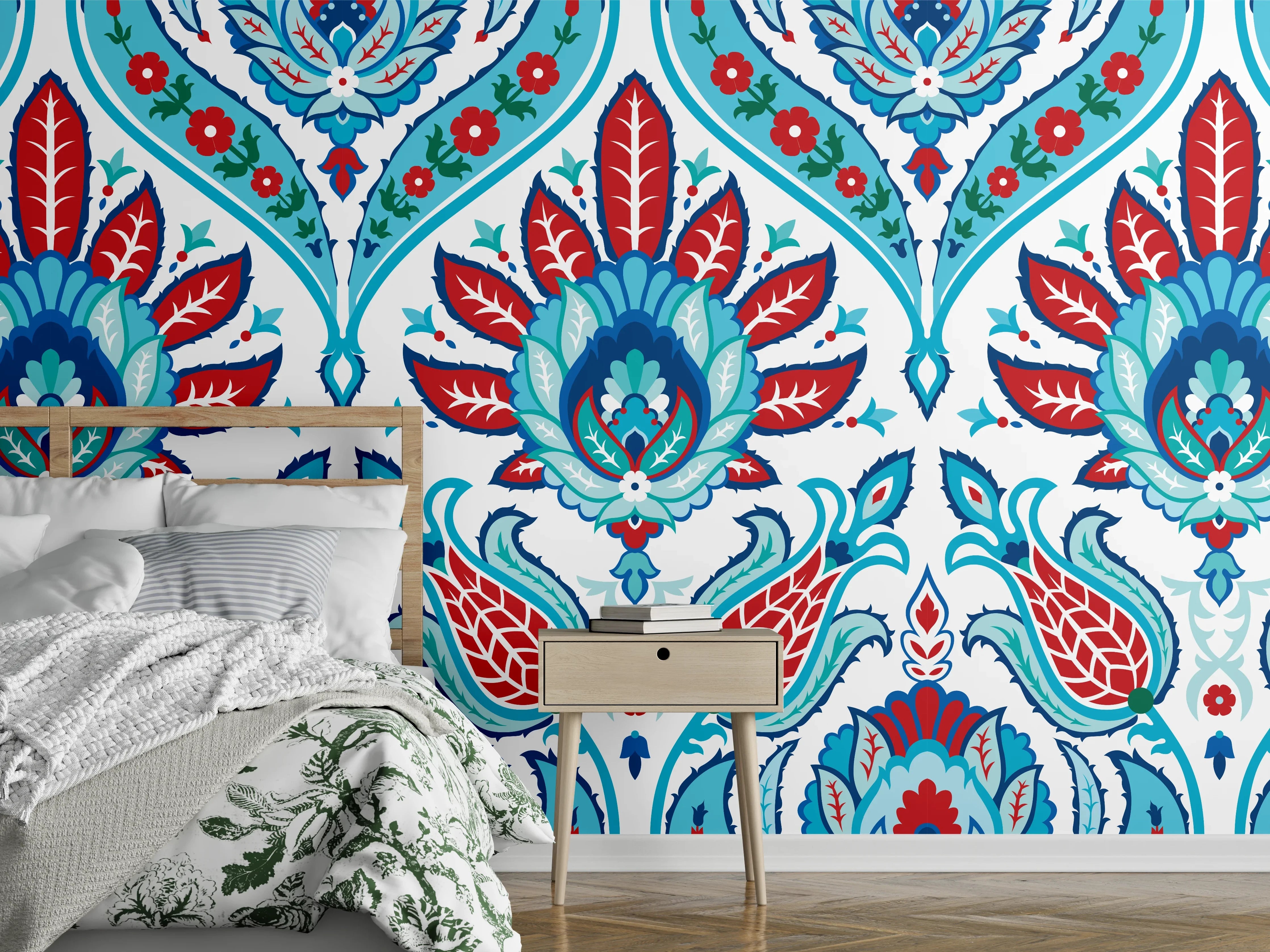 Wandverkleidung Schlafzimmer - Orientalisches Türkis-Rot Druckmuster