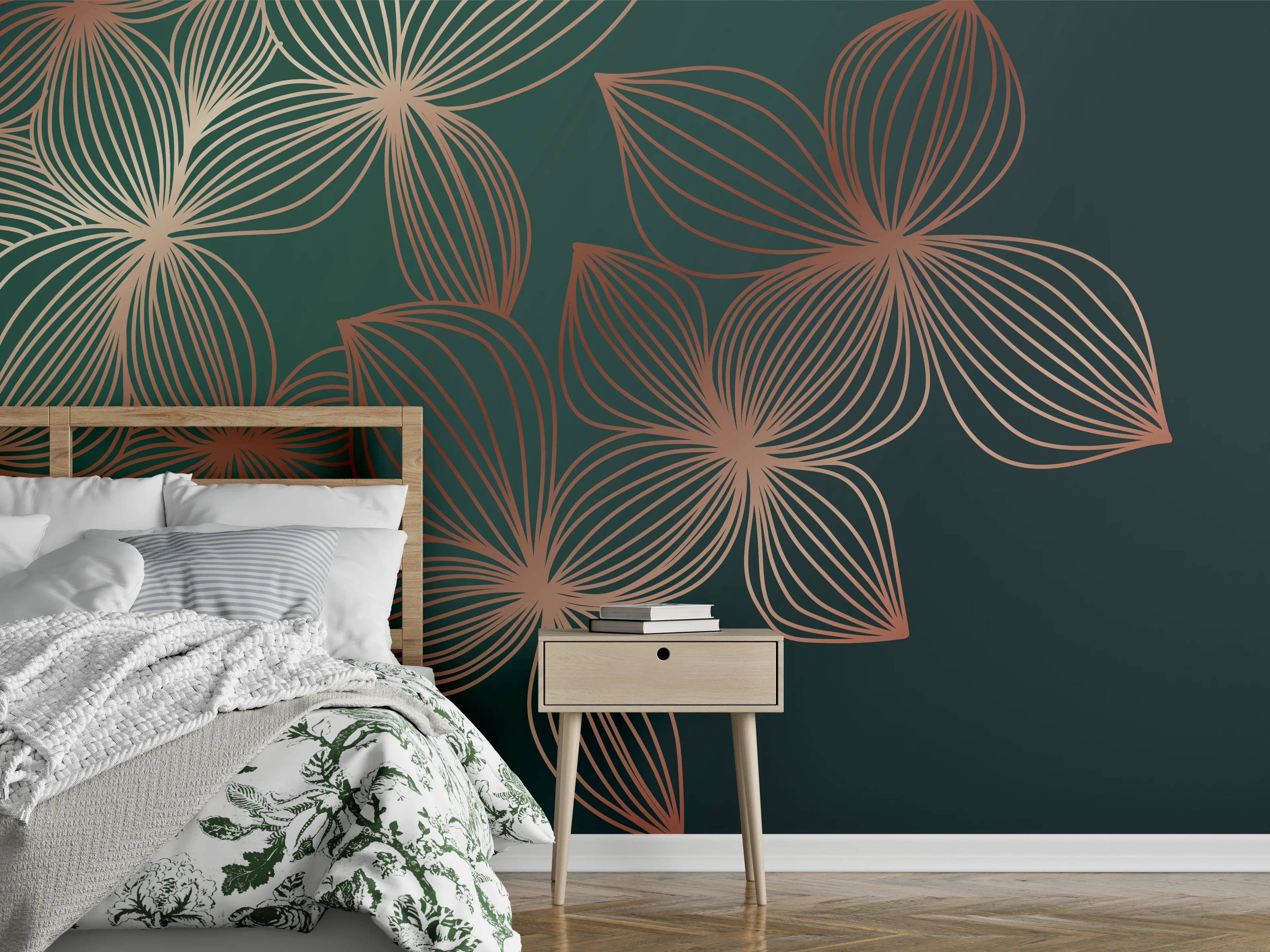 Wandverkleidung Schlafzimmer - Ornamente Lineart Pflanzen Dunkel