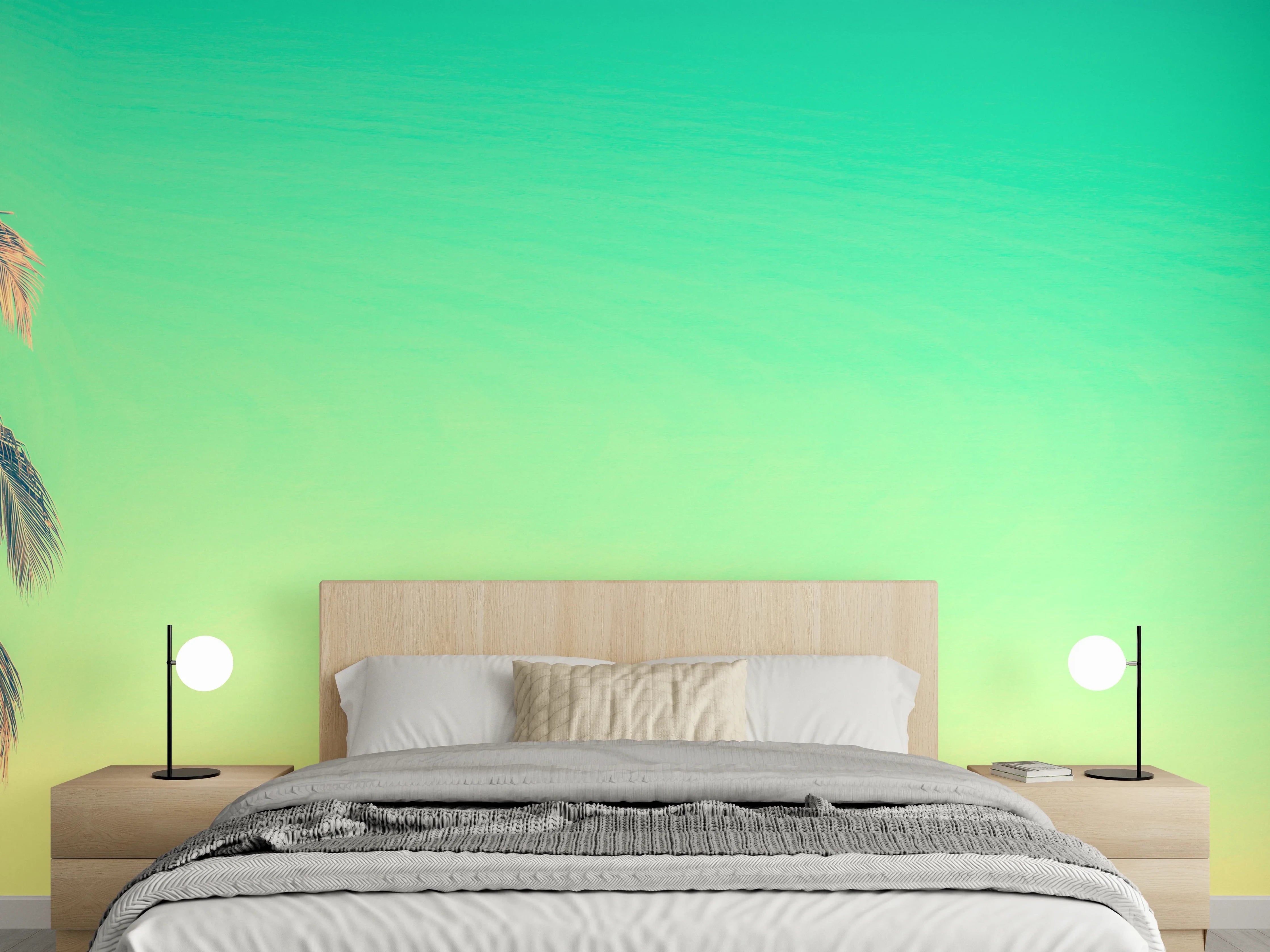 Wandverkleidung Schlafzimmer - Palmen Sonnenhimmel Vintage Look