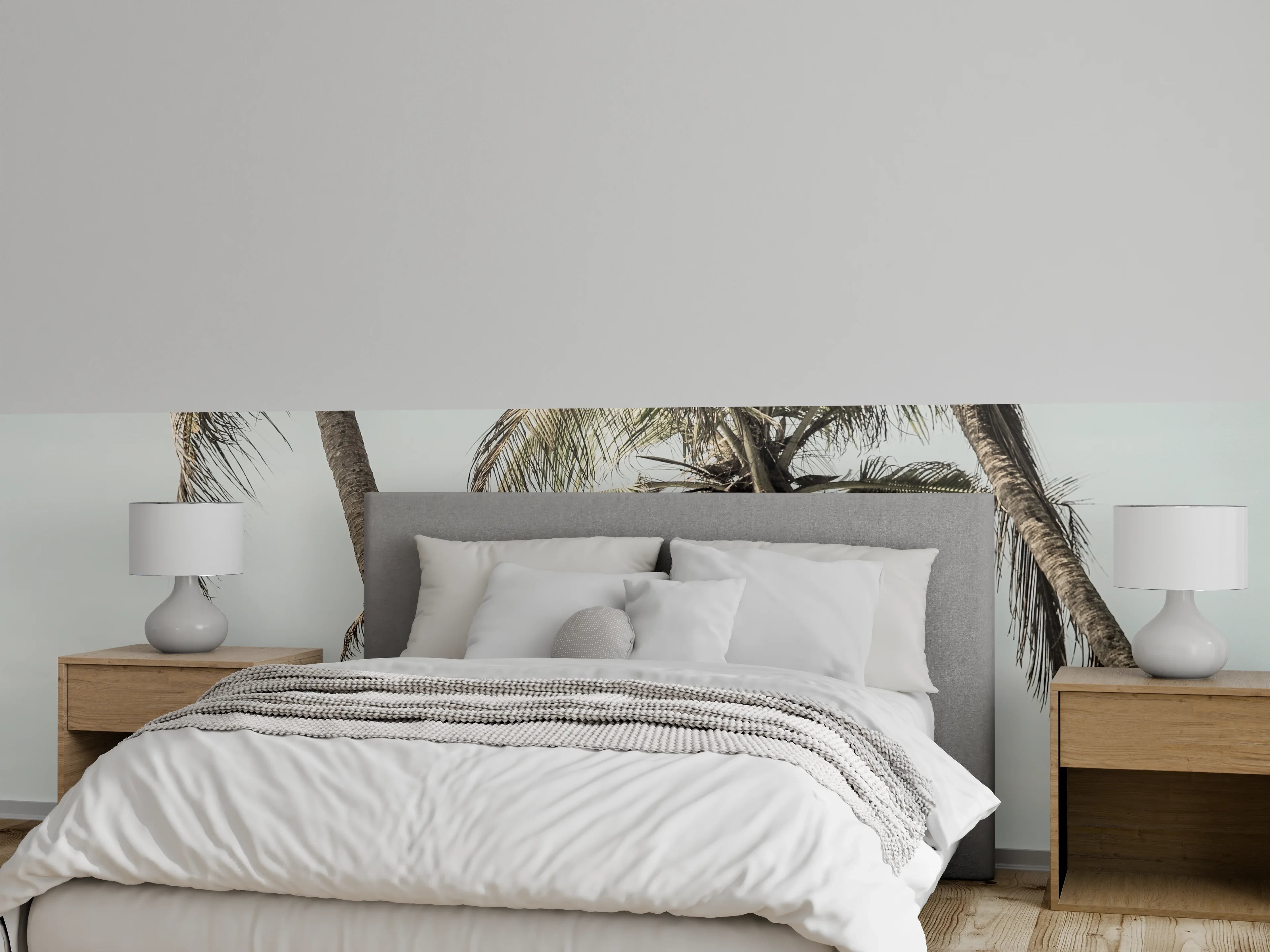 Wandverkleidung Schlafzimmer - Palmen am Strand in sanften Farben