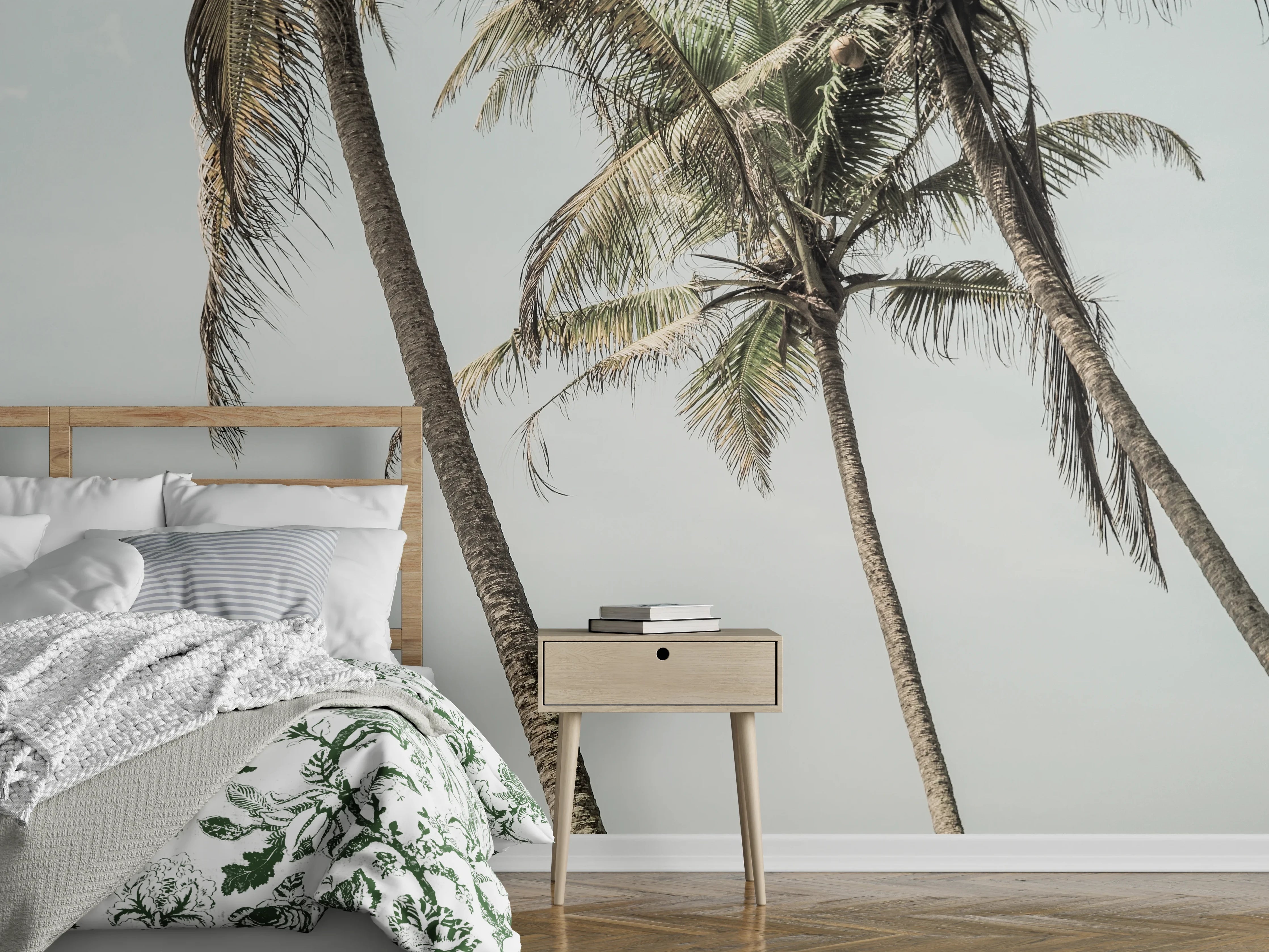 Wandverkleidung Schlafzimmer - Palmen am Strand in sanften Farben