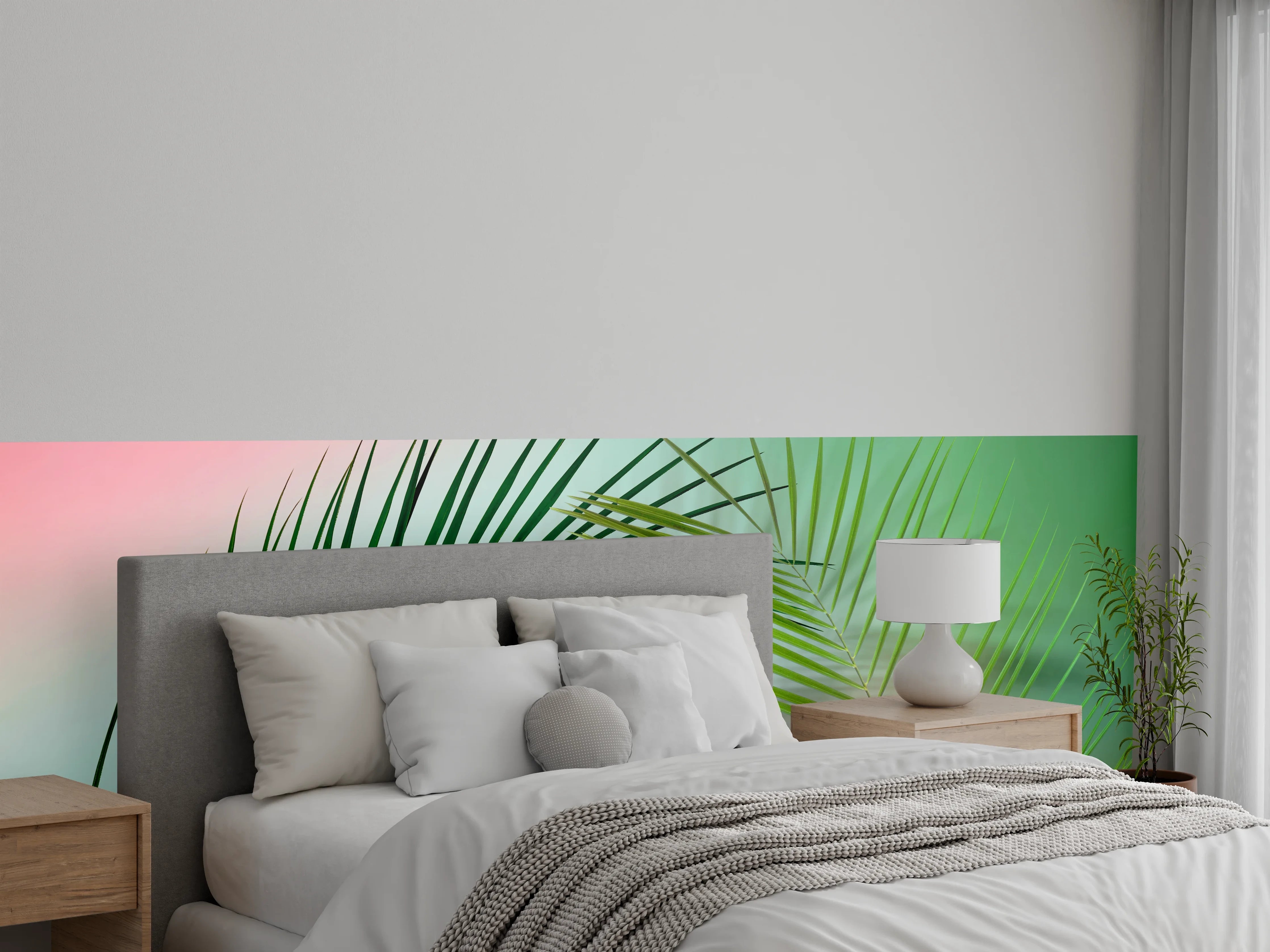 Wandverkleidung Schlafzimmer - Palmenblätter auf sanften Pastellfarben