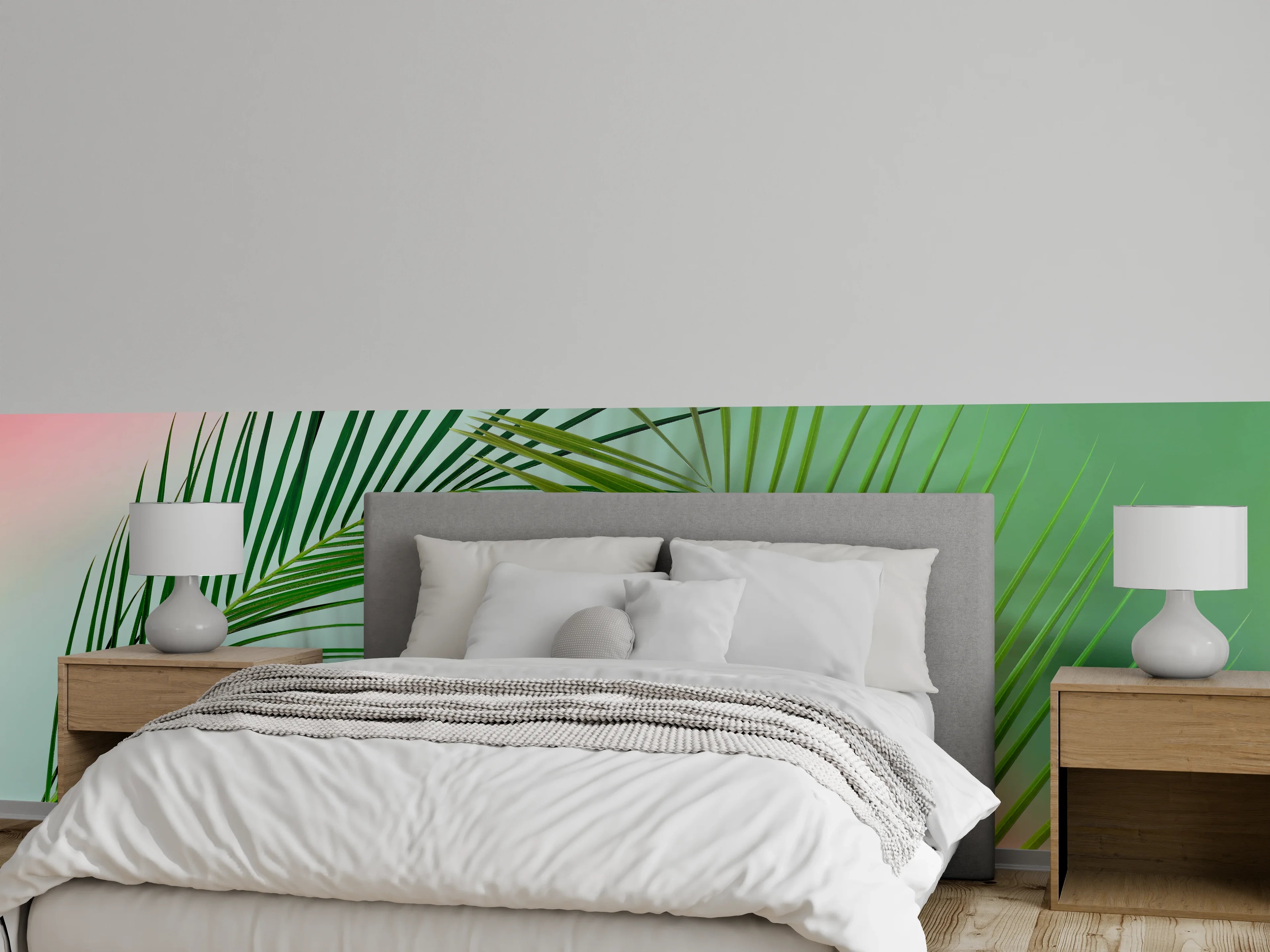 Wandverkleidung Schlafzimmer - Palmenblätter auf sanften Pastellfarben