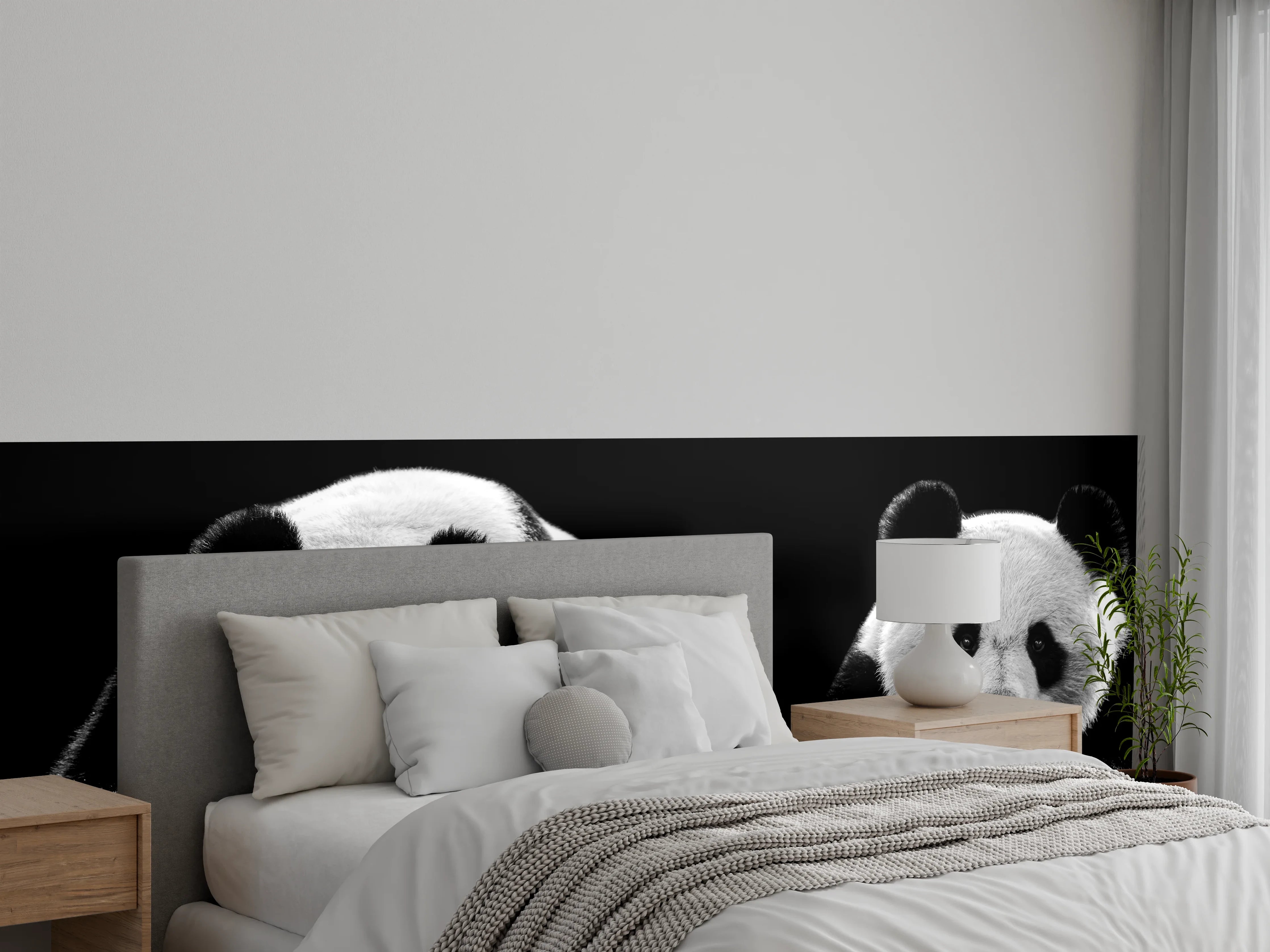 Wandverkleidung Schlafzimmer - Panda mit schwarzem Hintergrund