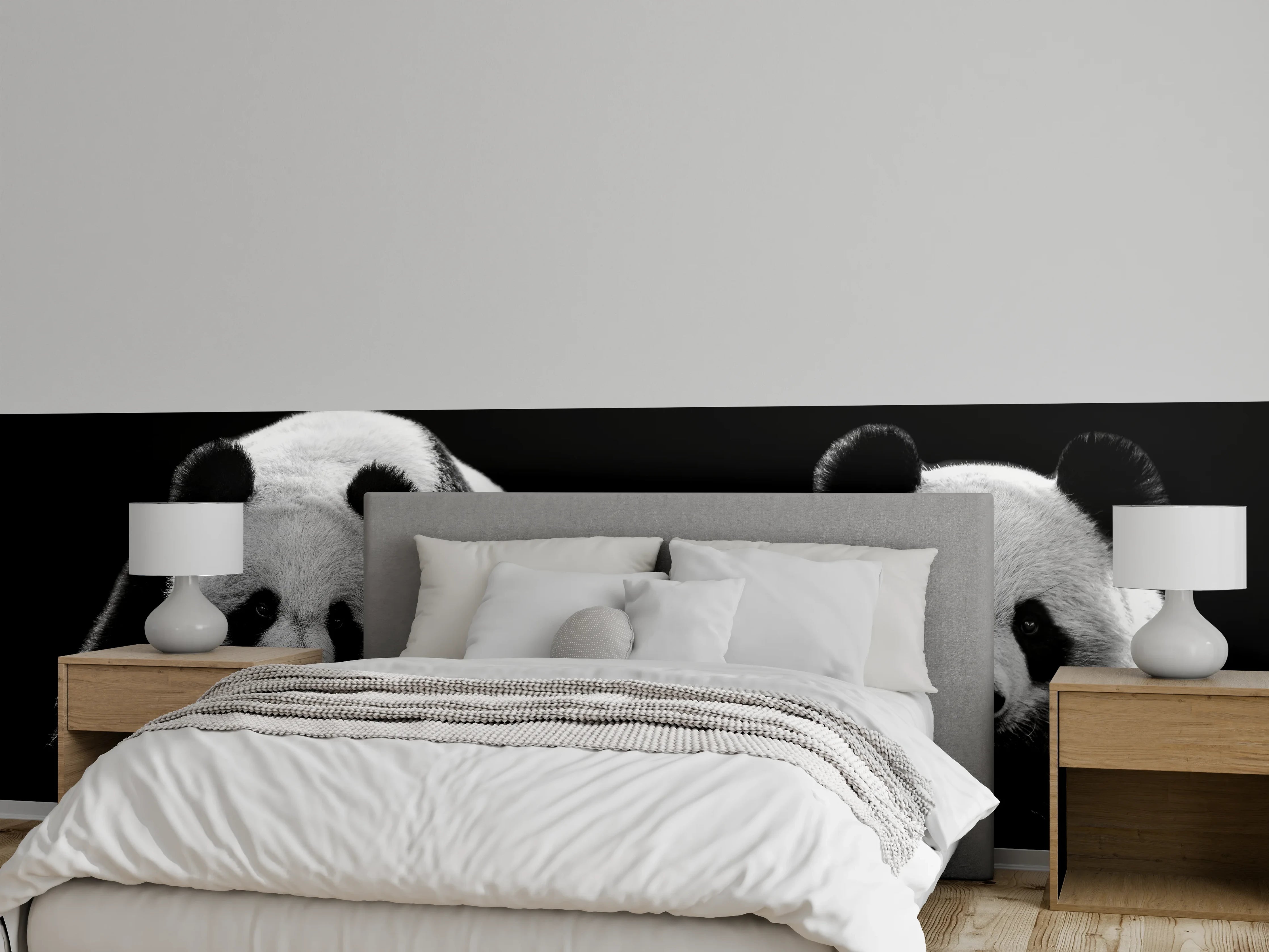 Wandverkleidung Schlafzimmer - Panda mit schwarzem Hintergrund