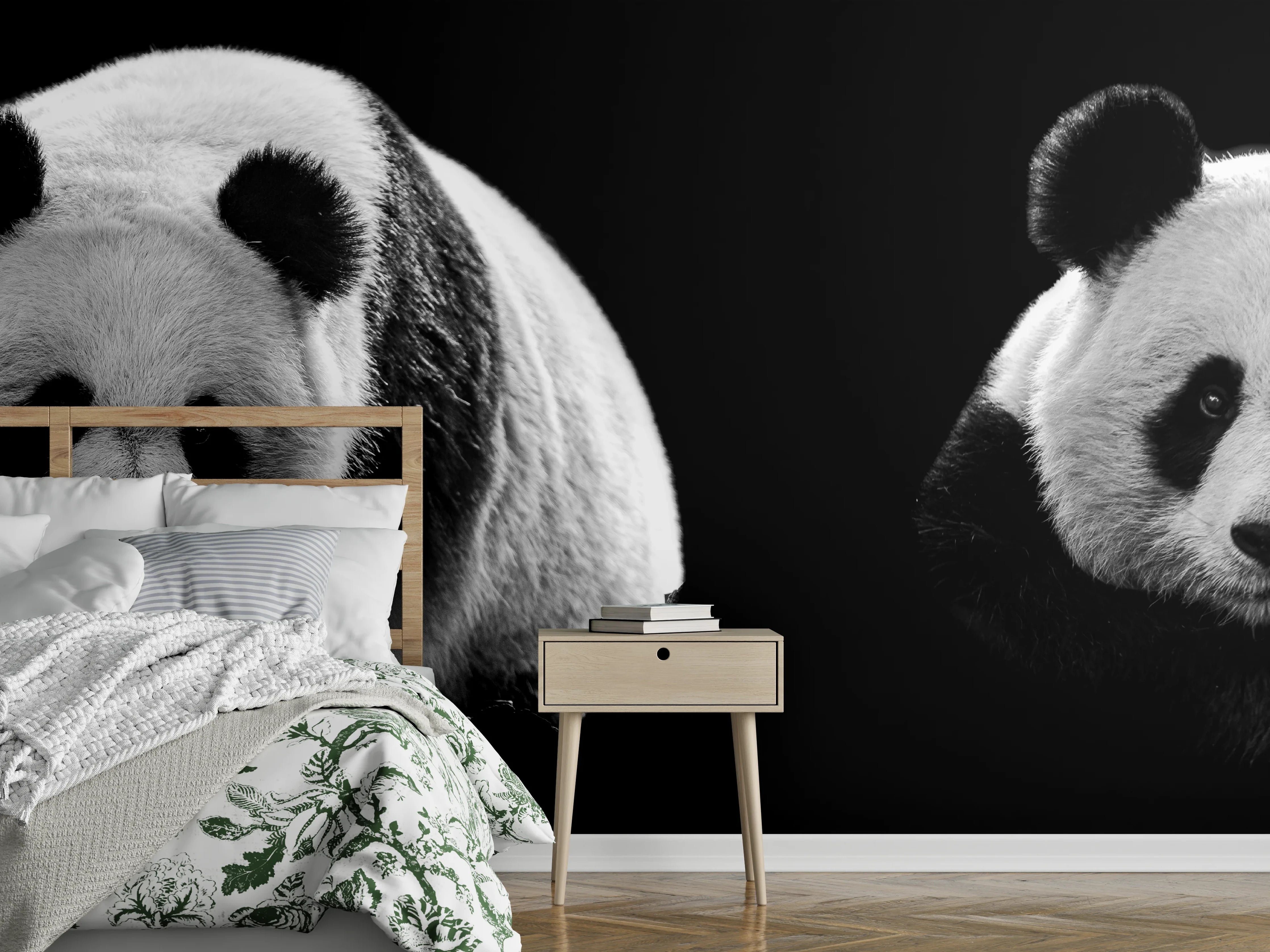 Wandverkleidung Schlafzimmer - Panda mit schwarzem Hintergrund
