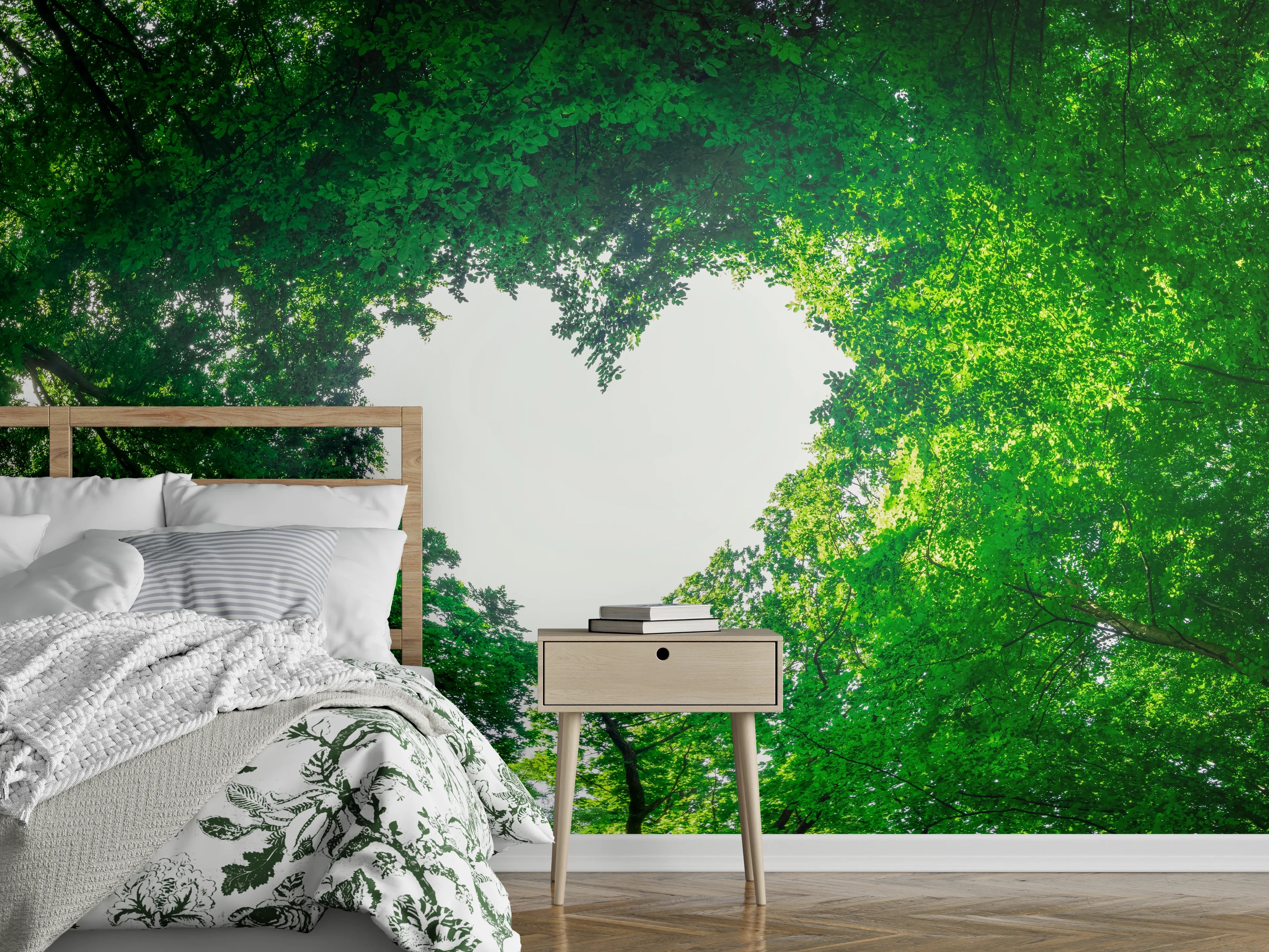 Wandverkleidung Schlafzimmer - Panorama - Baumkronen formen ein Herz