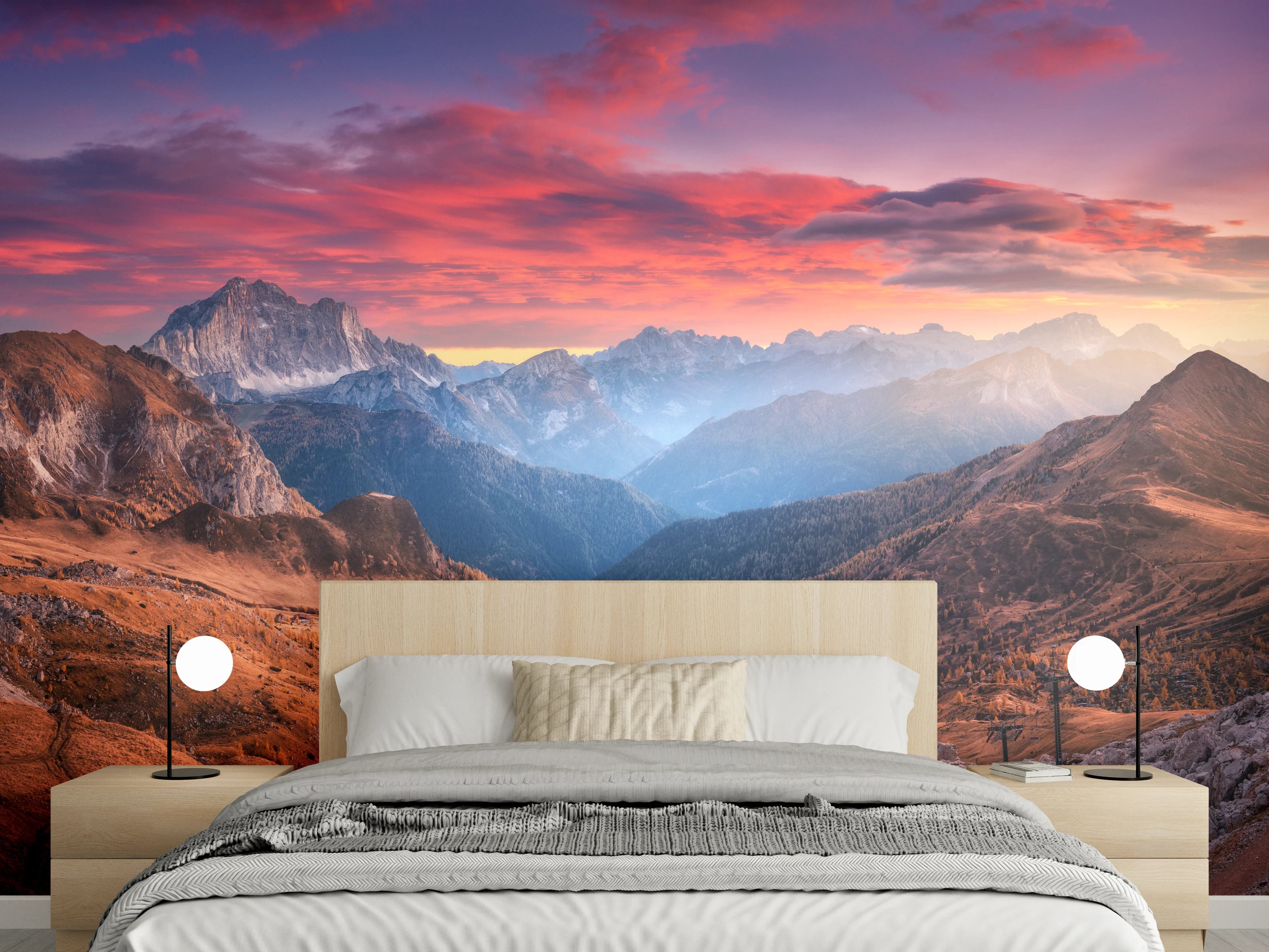 Wandverkleidung Schlafzimmer - Panorama Berge Sonnenuntergang Landschaft
