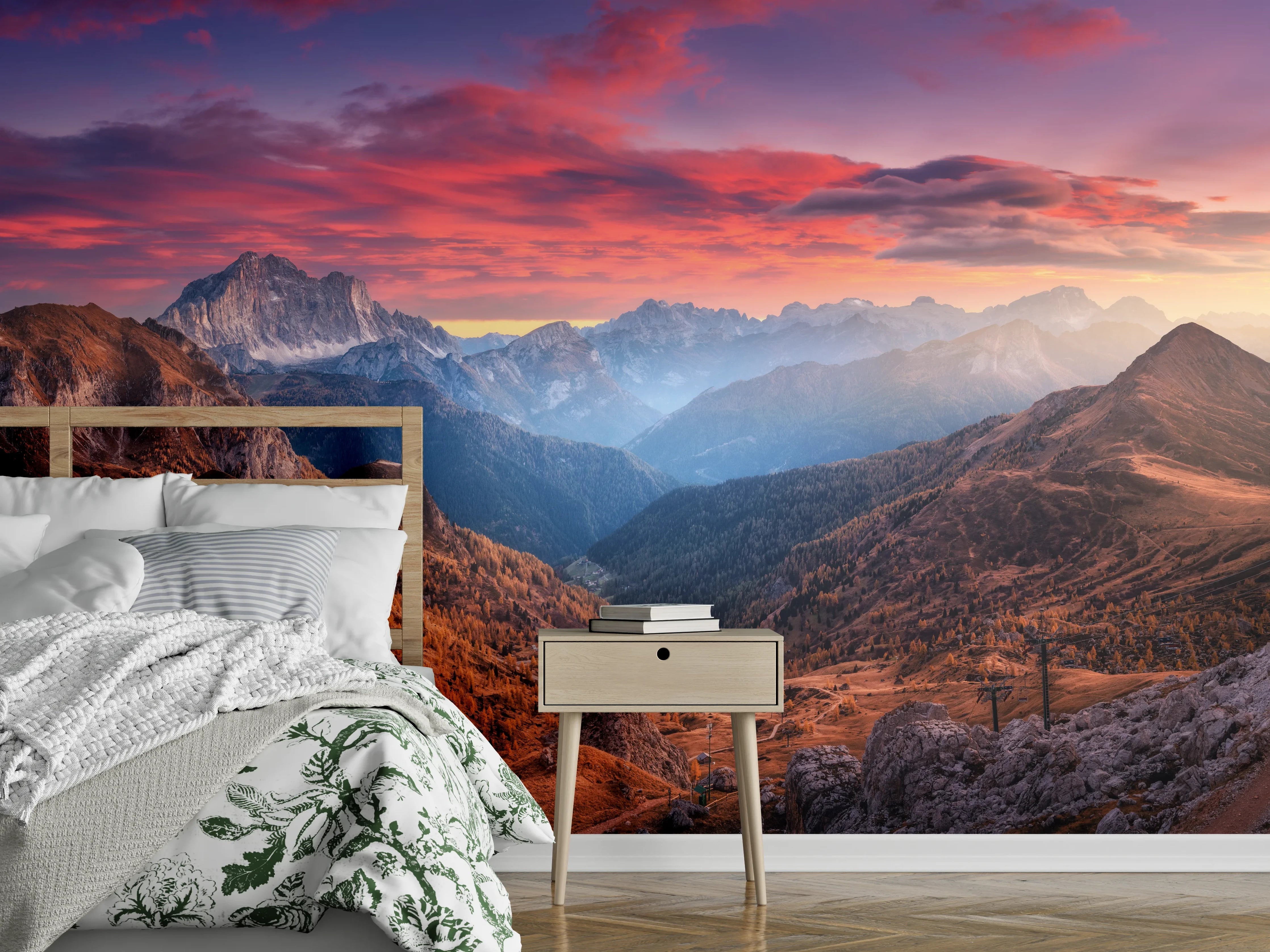 Wandverkleidung Schlafzimmer - Panorama Berge Sonnenuntergang Landschaft