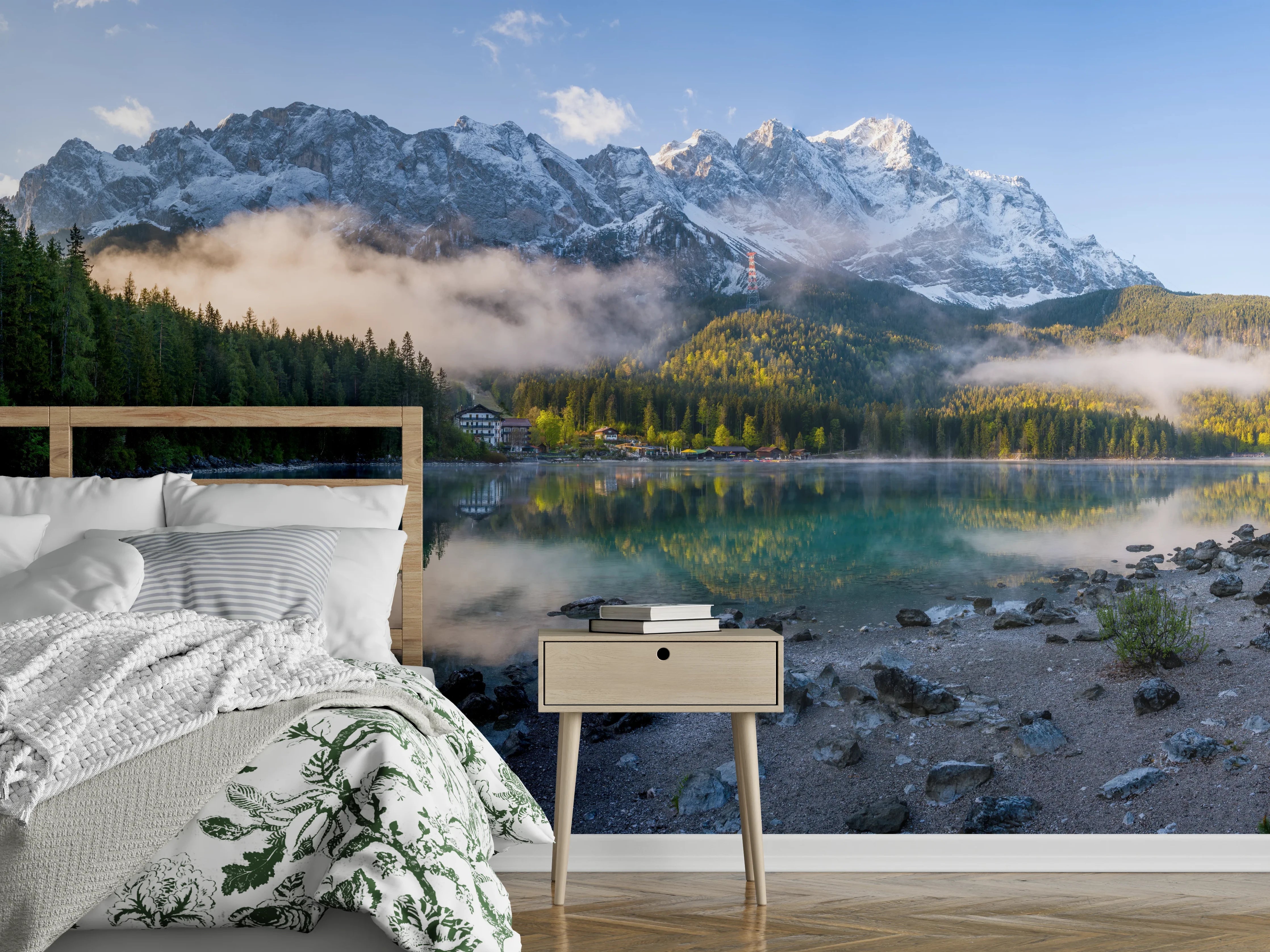 Wandverkleidung Schlafzimmer - Panorama Bergsee mit Alpen-Reflexion