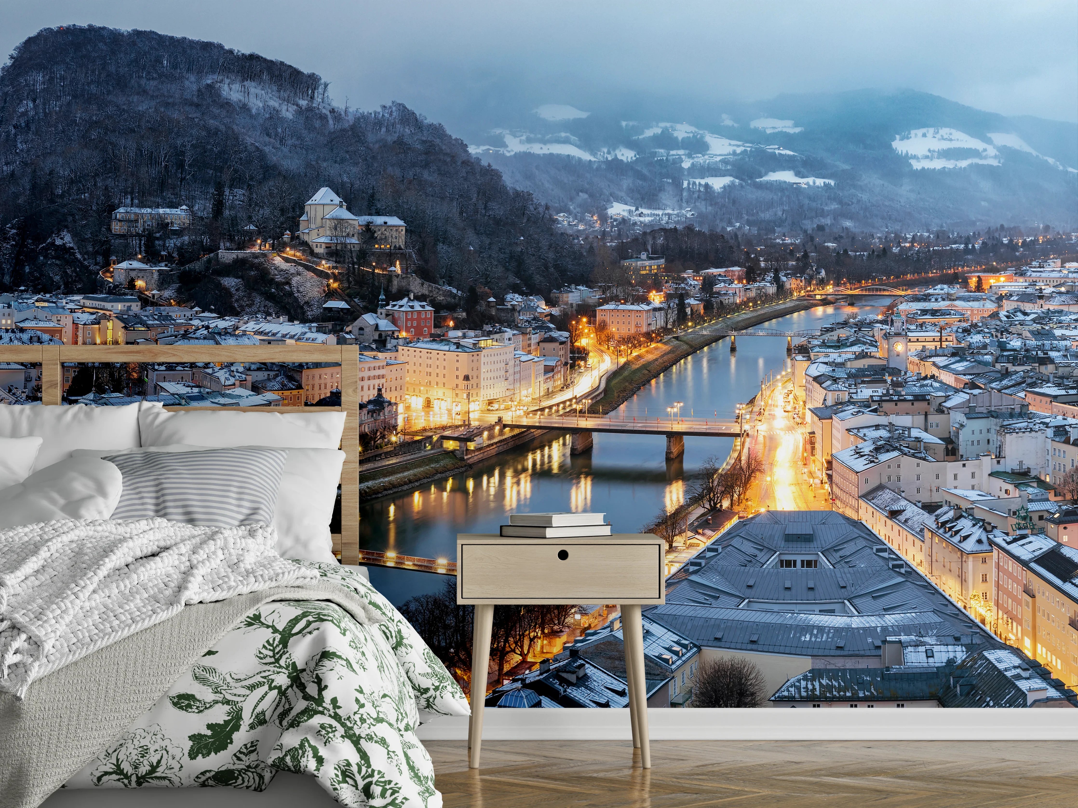 Wandverkleidung Schlafzimmer - Panorama Salzburg bei Abenddämmerung