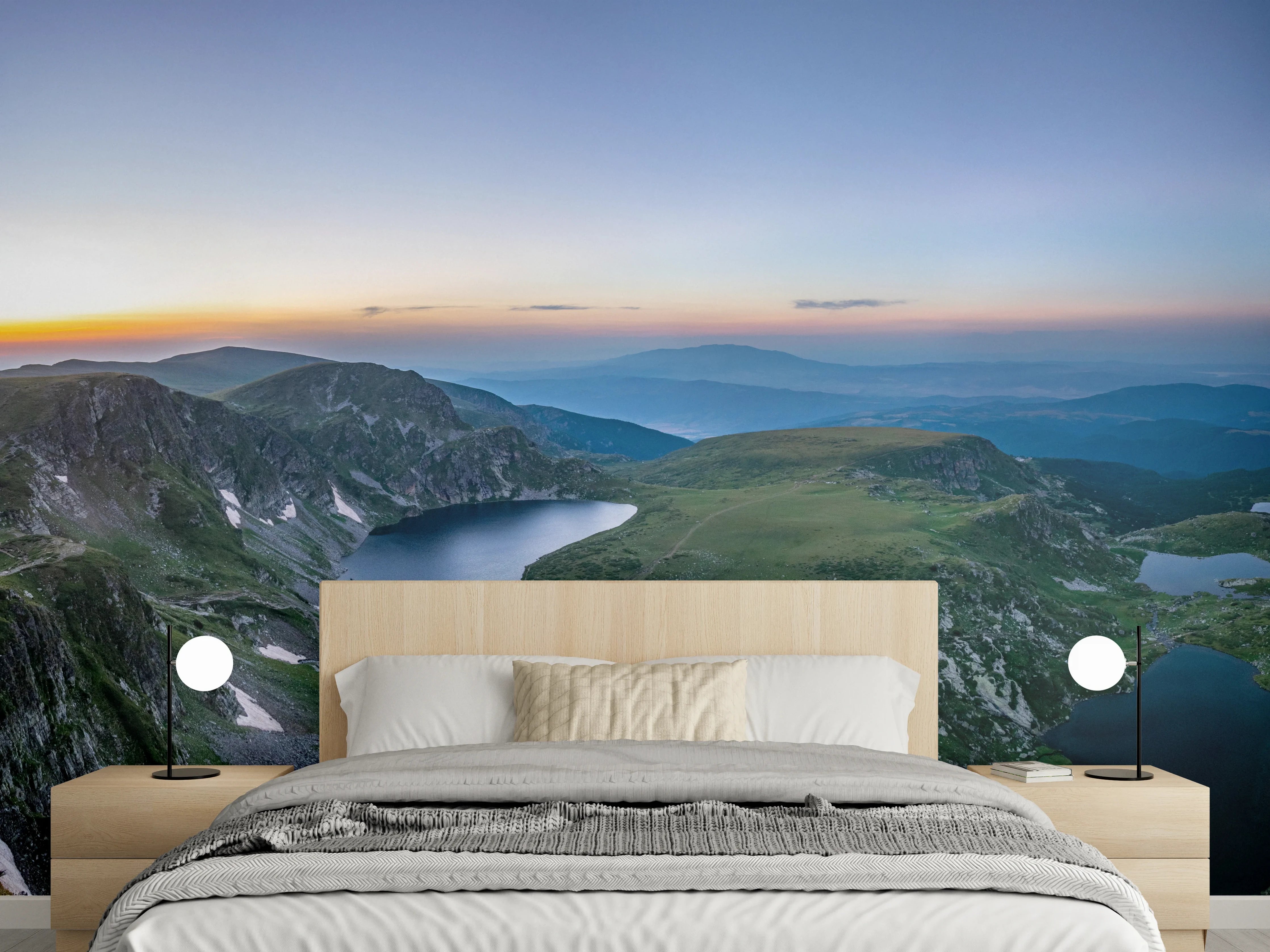 Wandverkleidung Schlafzimmer - Panorama See Berge Sonnenaufgang