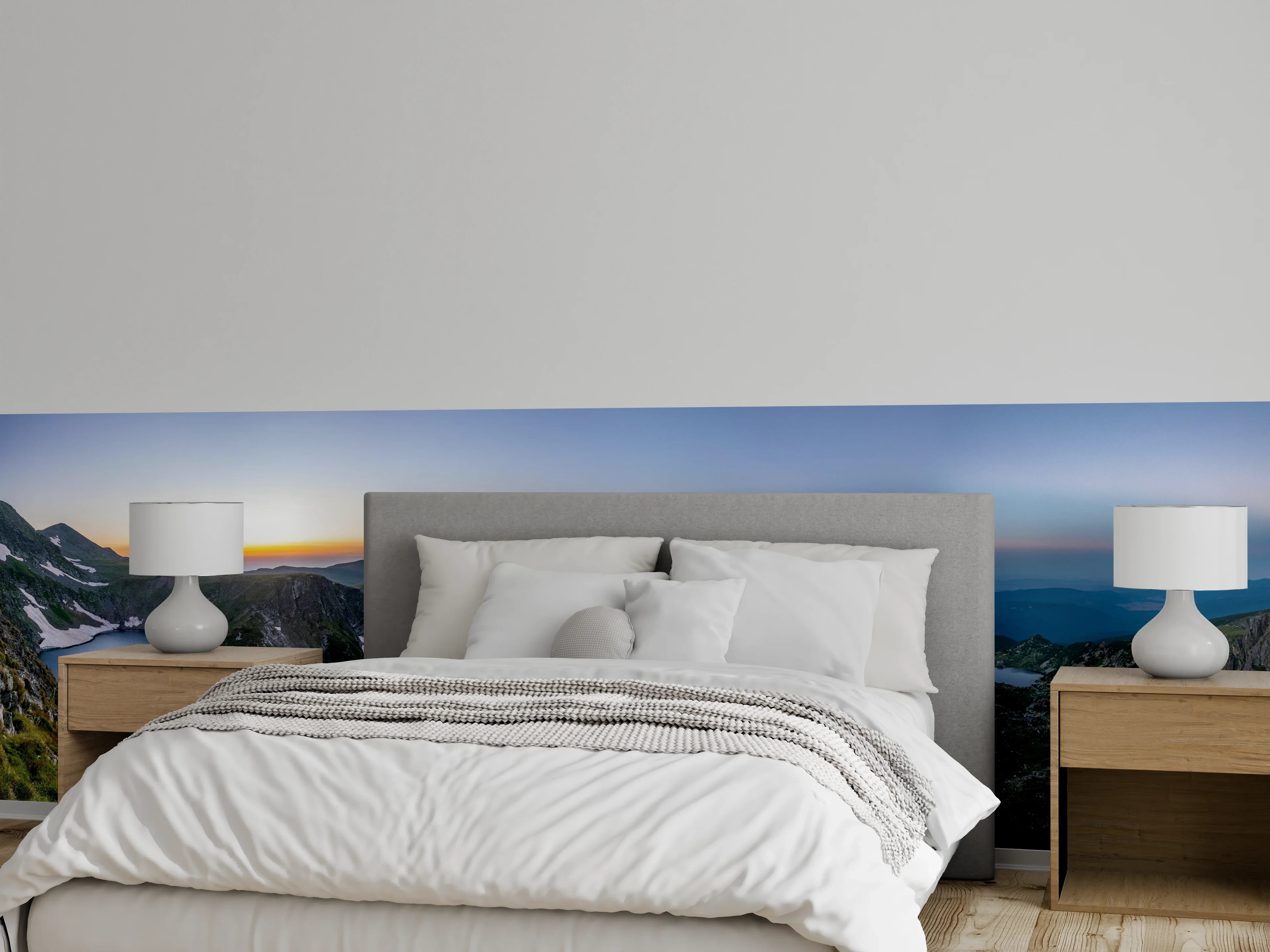 Wandverkleidung Schlafzimmer - Panorama See Berge Sonnenaufgang