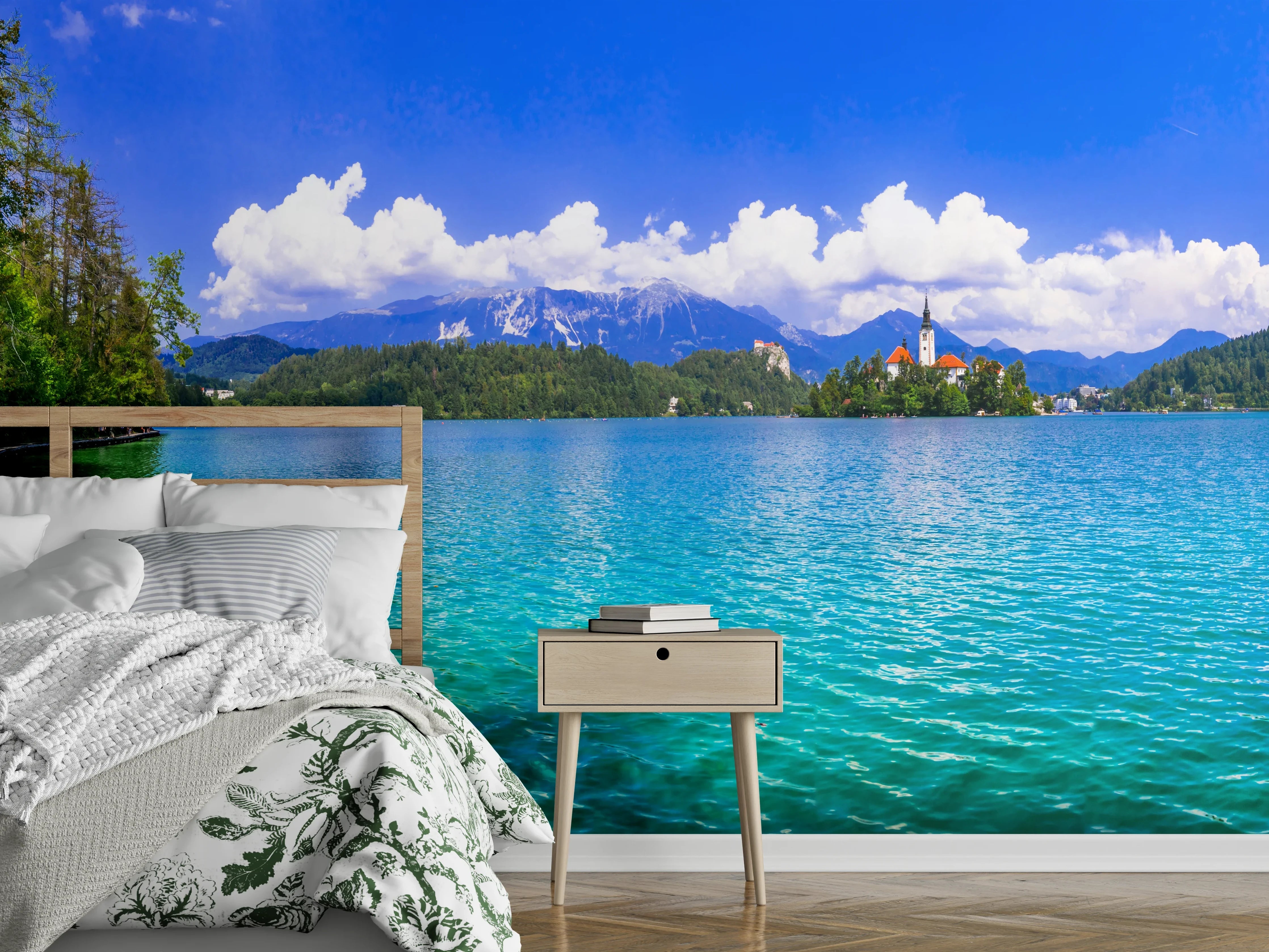 Wandverkleidung Schlafzimmer - Panorama See & Berge Landschaft