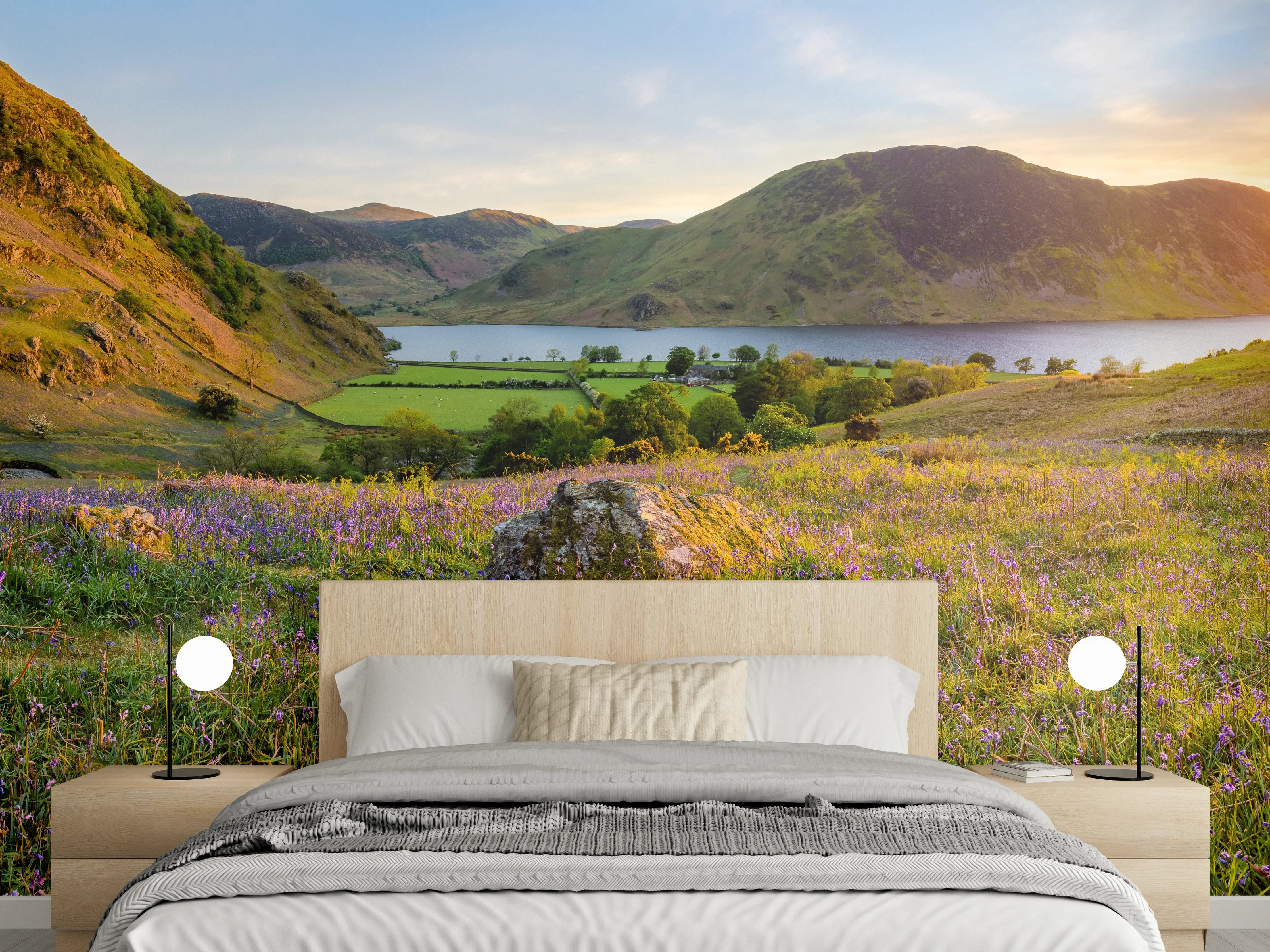 Wandverkleidung Schlafzimmer - Panorama See und Berge Sonnenuntergang