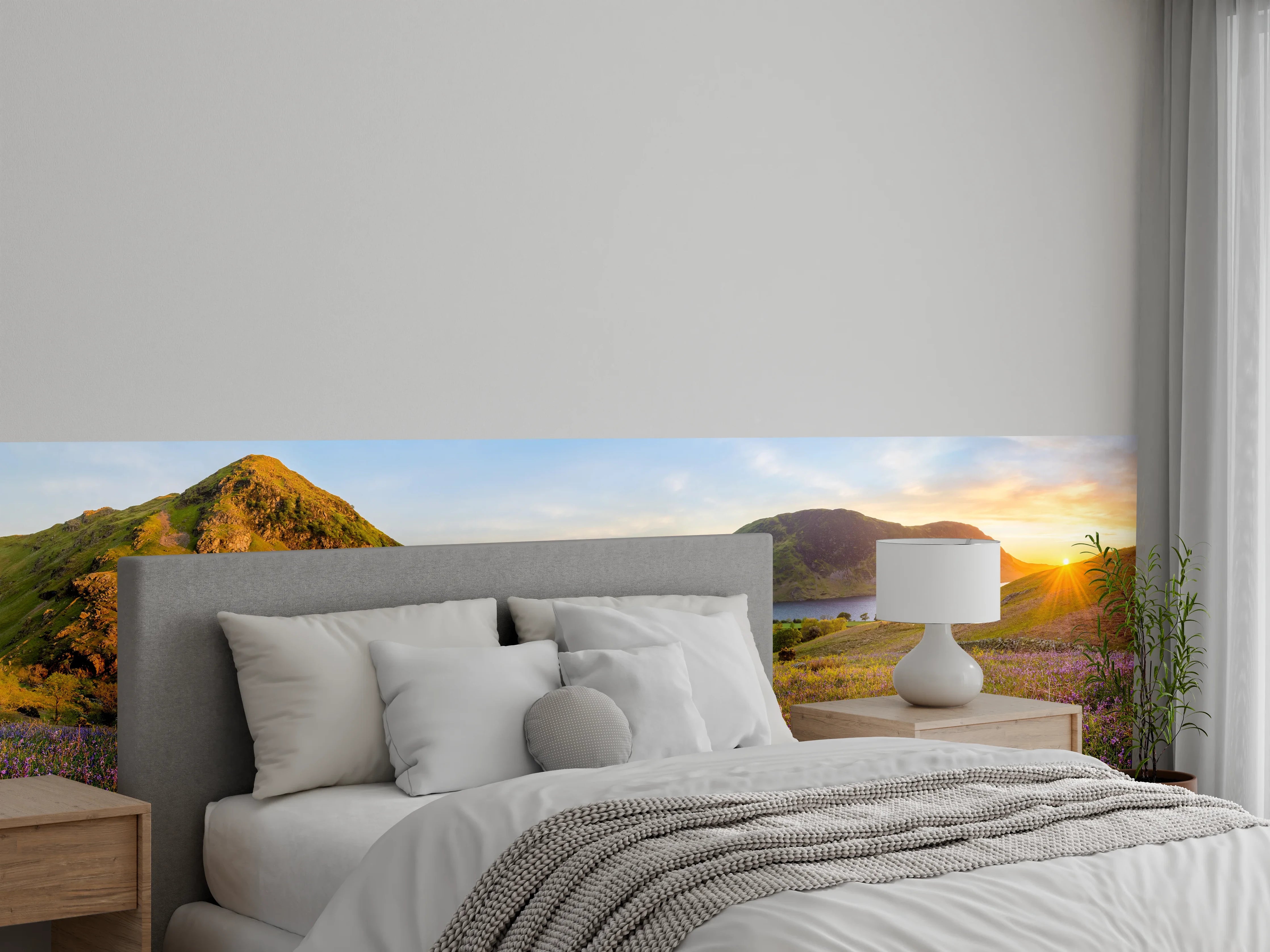 Wandverkleidung Schlafzimmer - Panorama See und Berge Sonnenuntergang