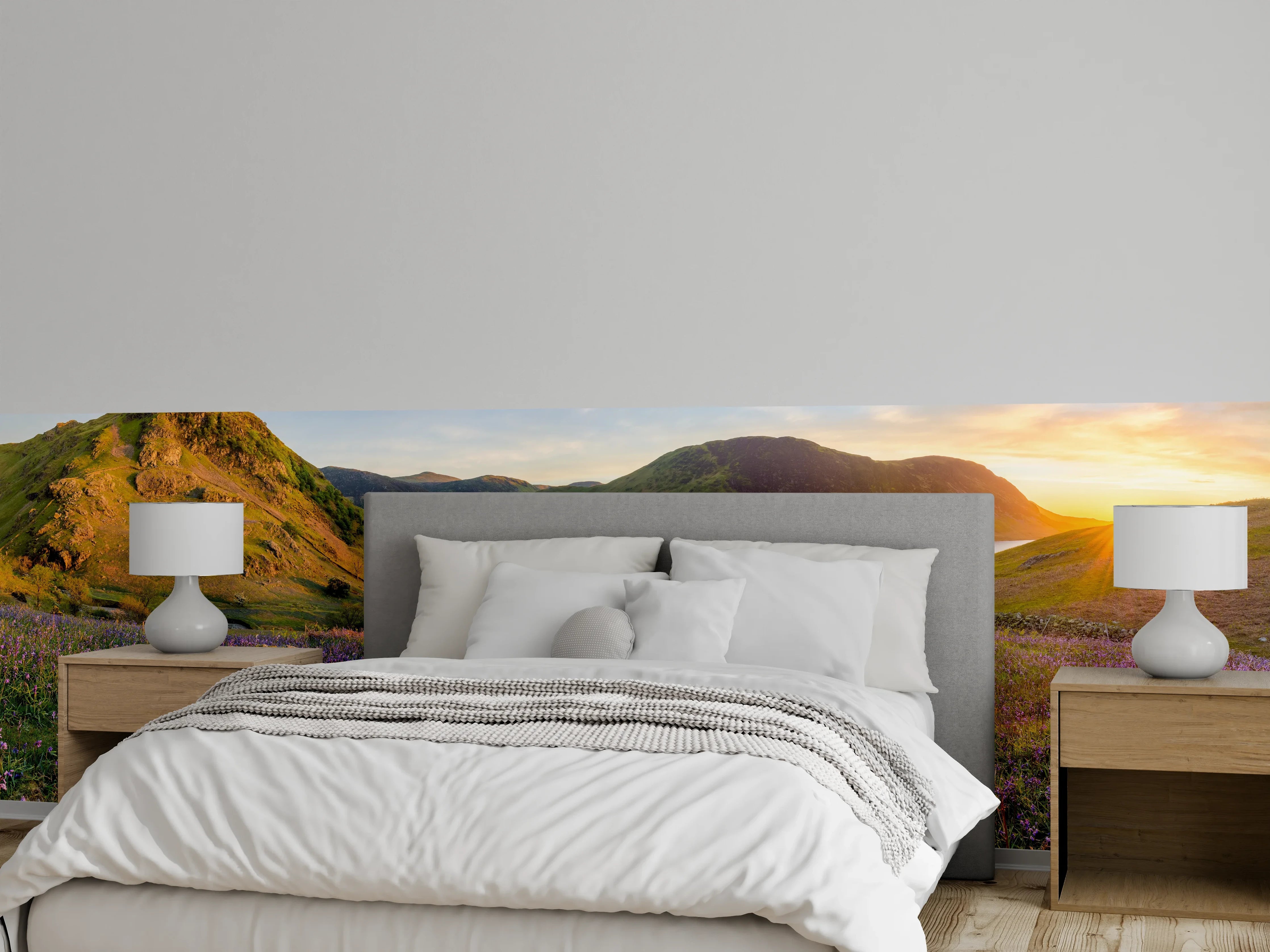 Wandverkleidung Schlafzimmer - Panorama See und Berge Sonnenuntergang
