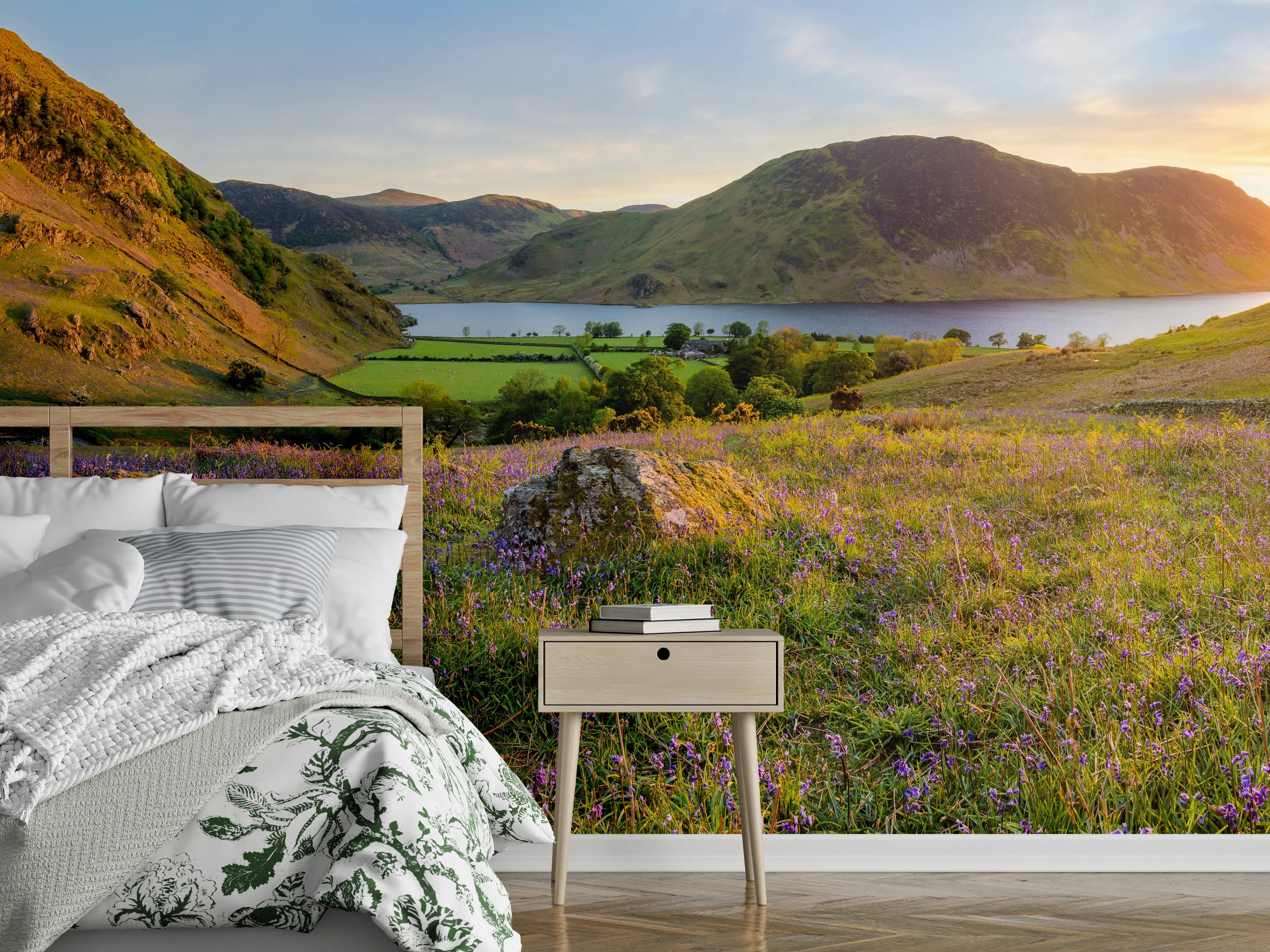 Wandverkleidung Schlafzimmer - Panorama See und Berge Sonnenuntergang