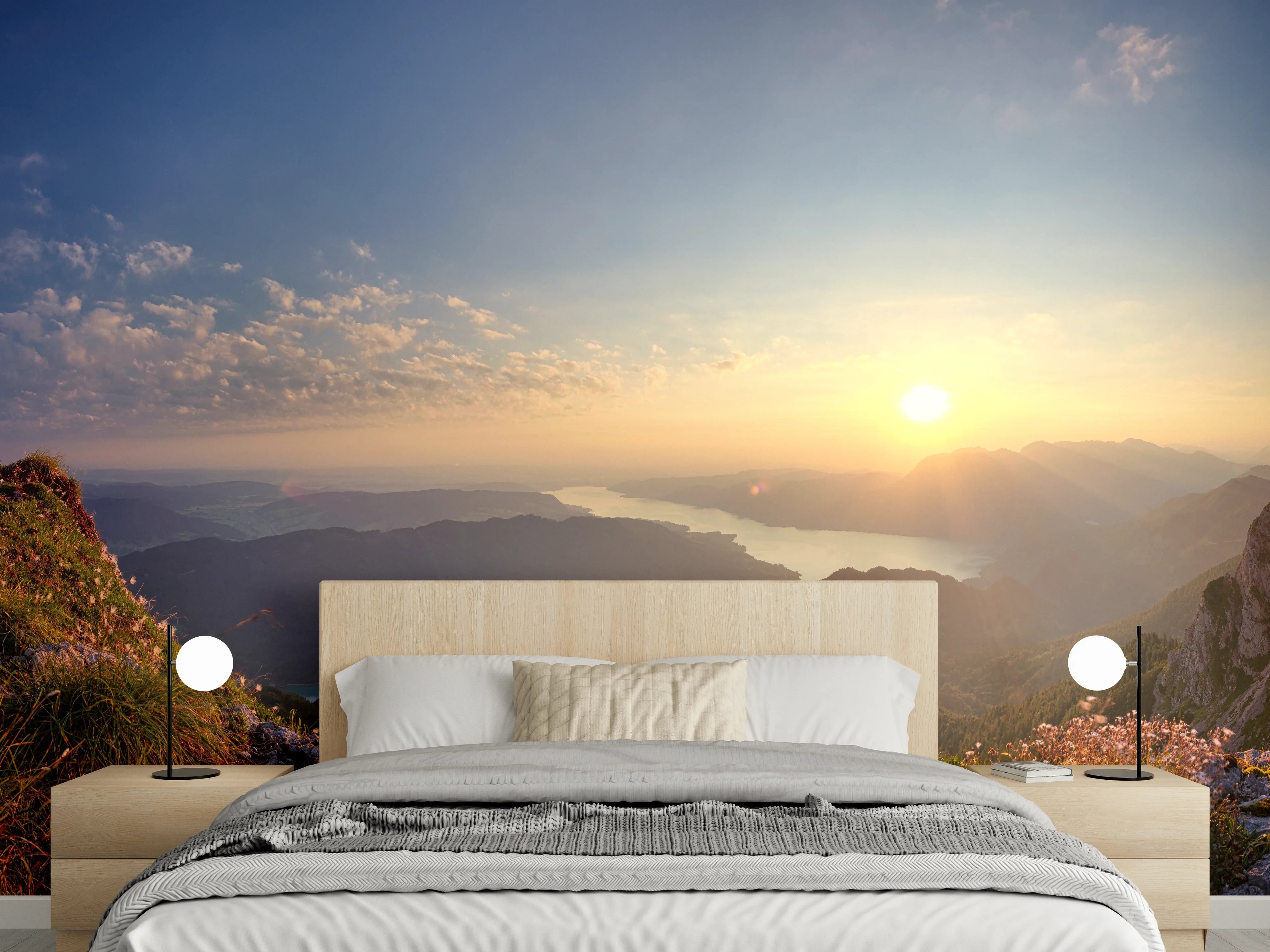 Wandverkleidung Schlafzimmer - Panorama Sonnenuntergang Alpen See