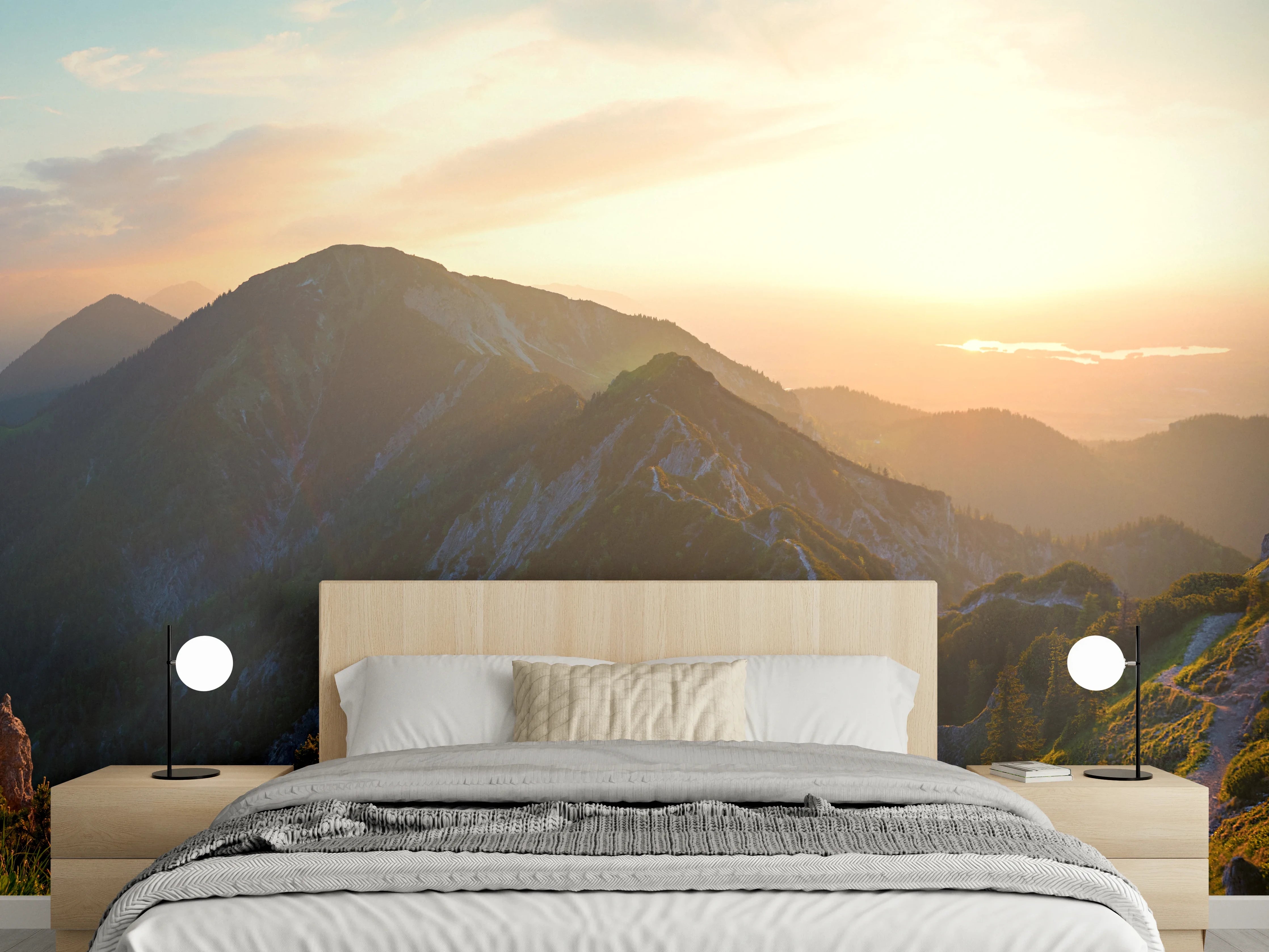 Wandverkleidung Schlafzimmer - Panorama Sonnenuntergang Berglandschaft Fototapete