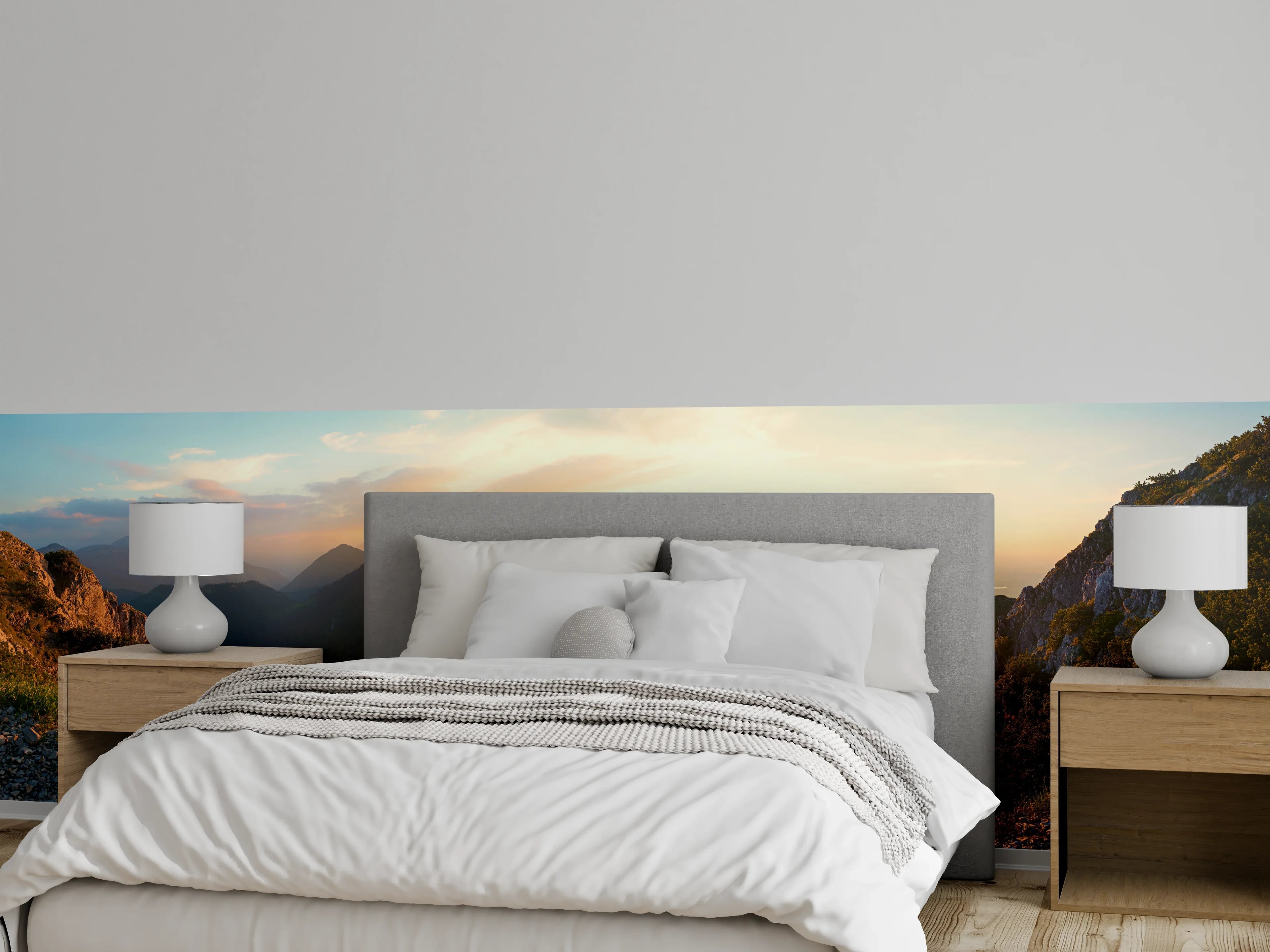 Wandverkleidung Schlafzimmer - Panorama Sonnenuntergang Berglandschaft Fototapete