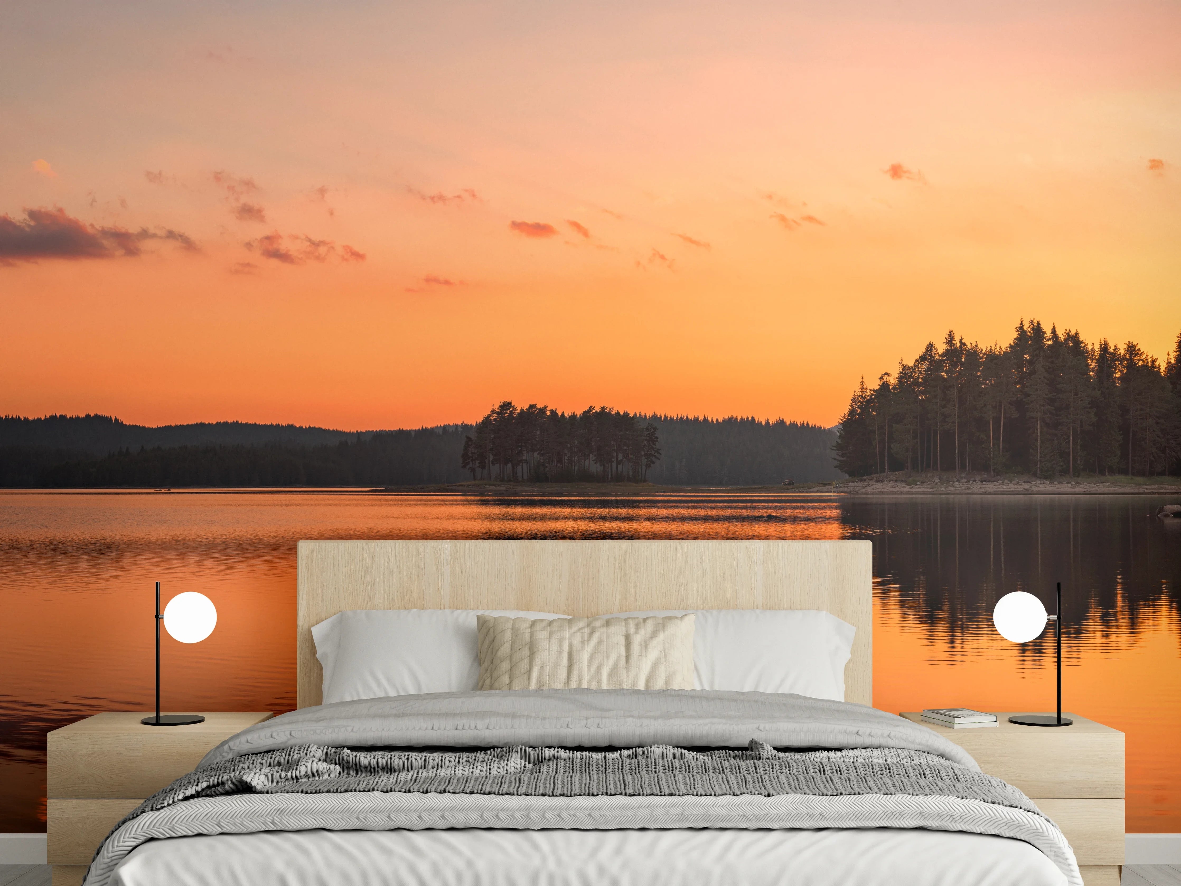 Wandverkleidung Schlafzimmer - Panorama Sonnenuntergang See Wald