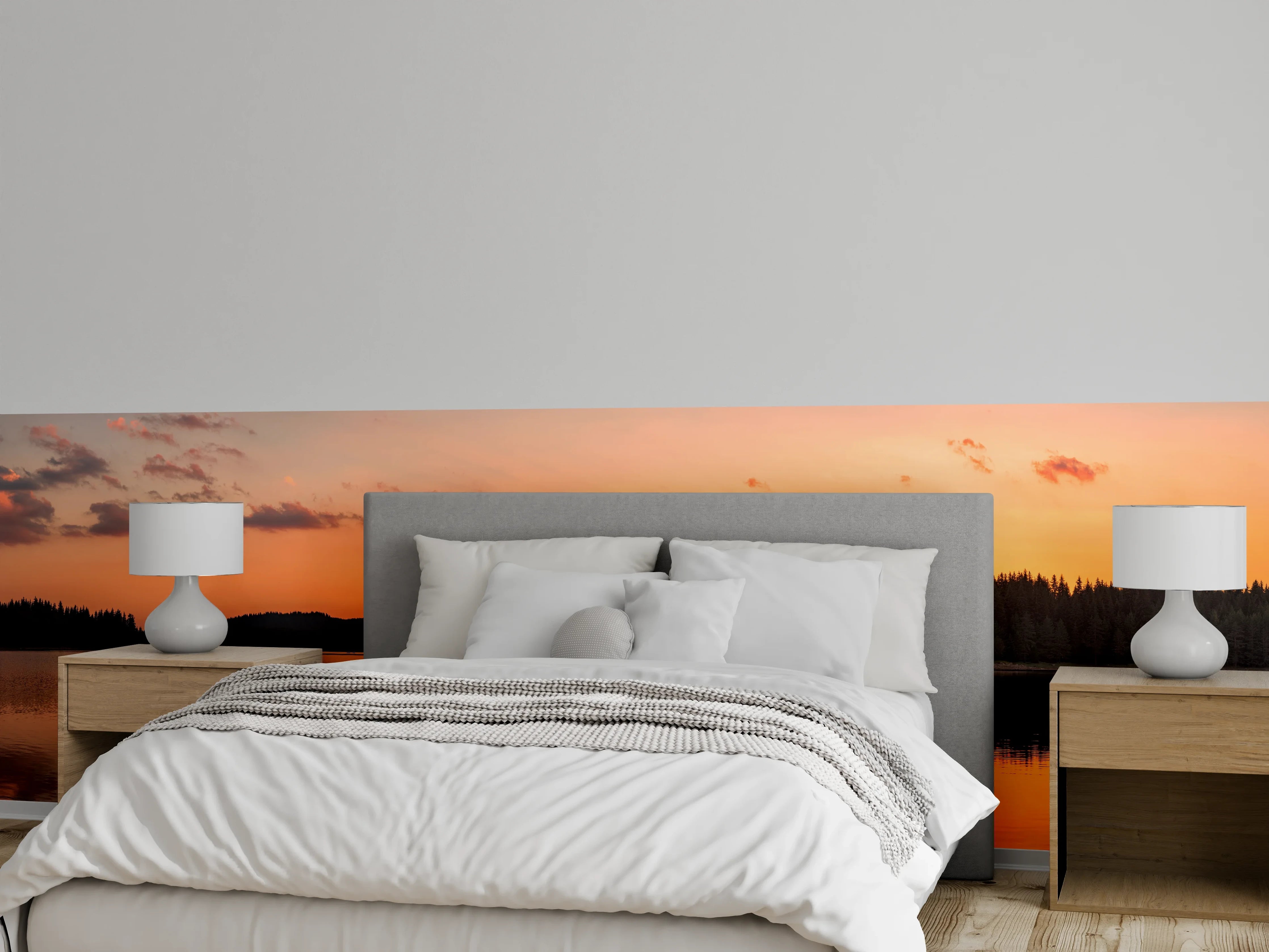 Wandverkleidung Schlafzimmer - Panorama Sonnenuntergang See Wald