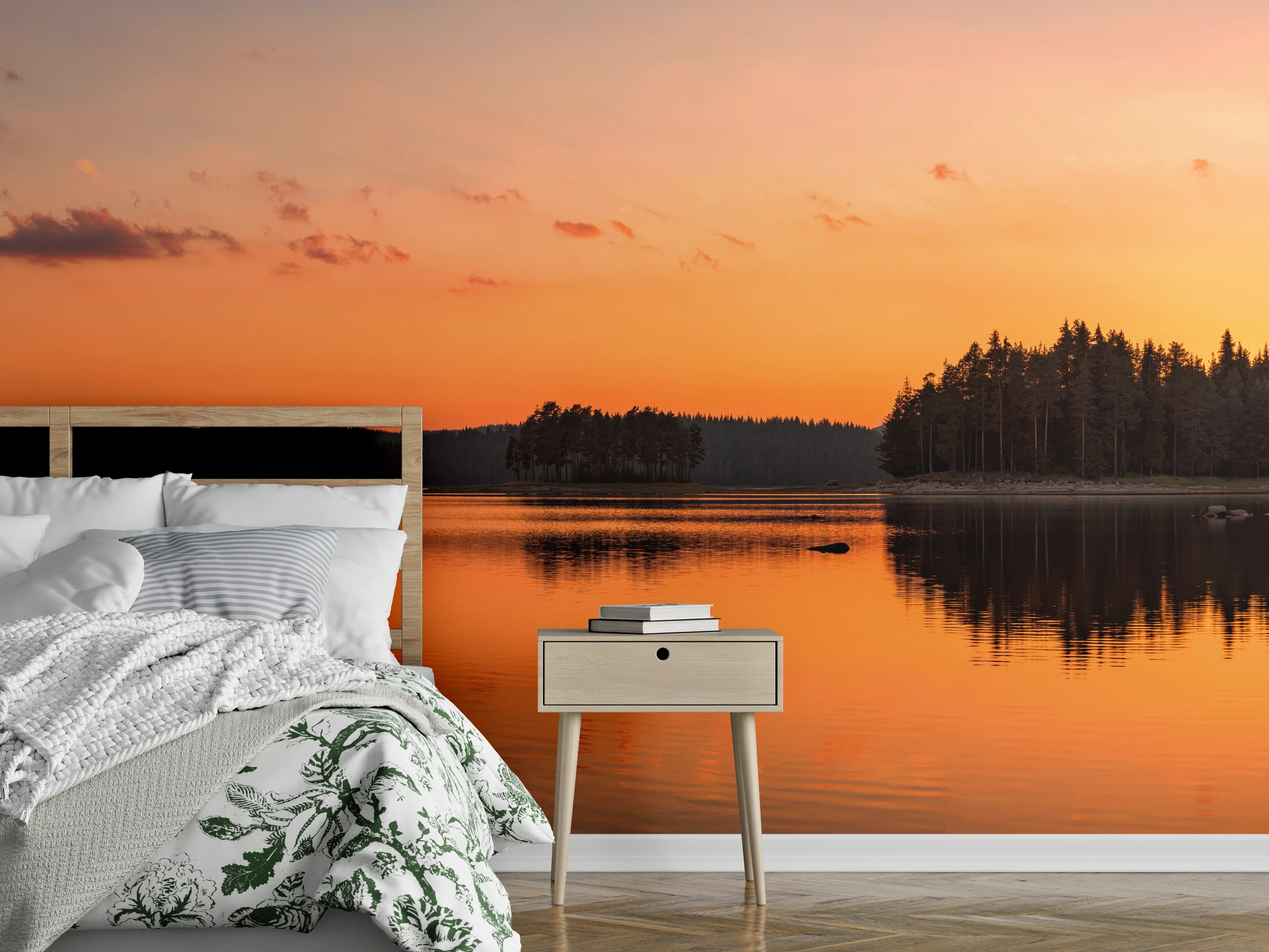 Wandverkleidung Schlafzimmer - Panorama Sonnenuntergang See Wald