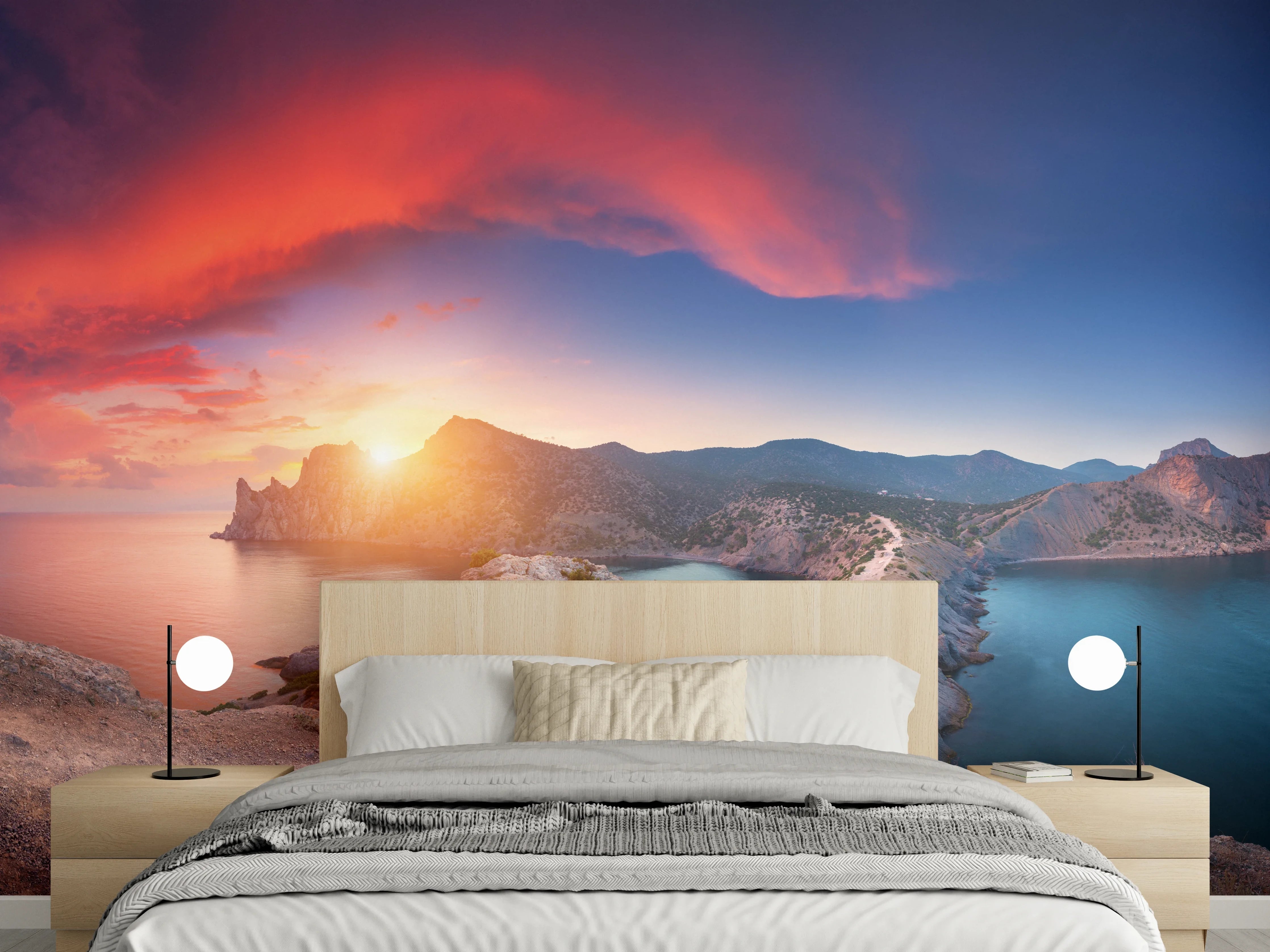 Wandverkleidung Schlafzimmer - Panorama Sonnenuntergang am Felsenmeer