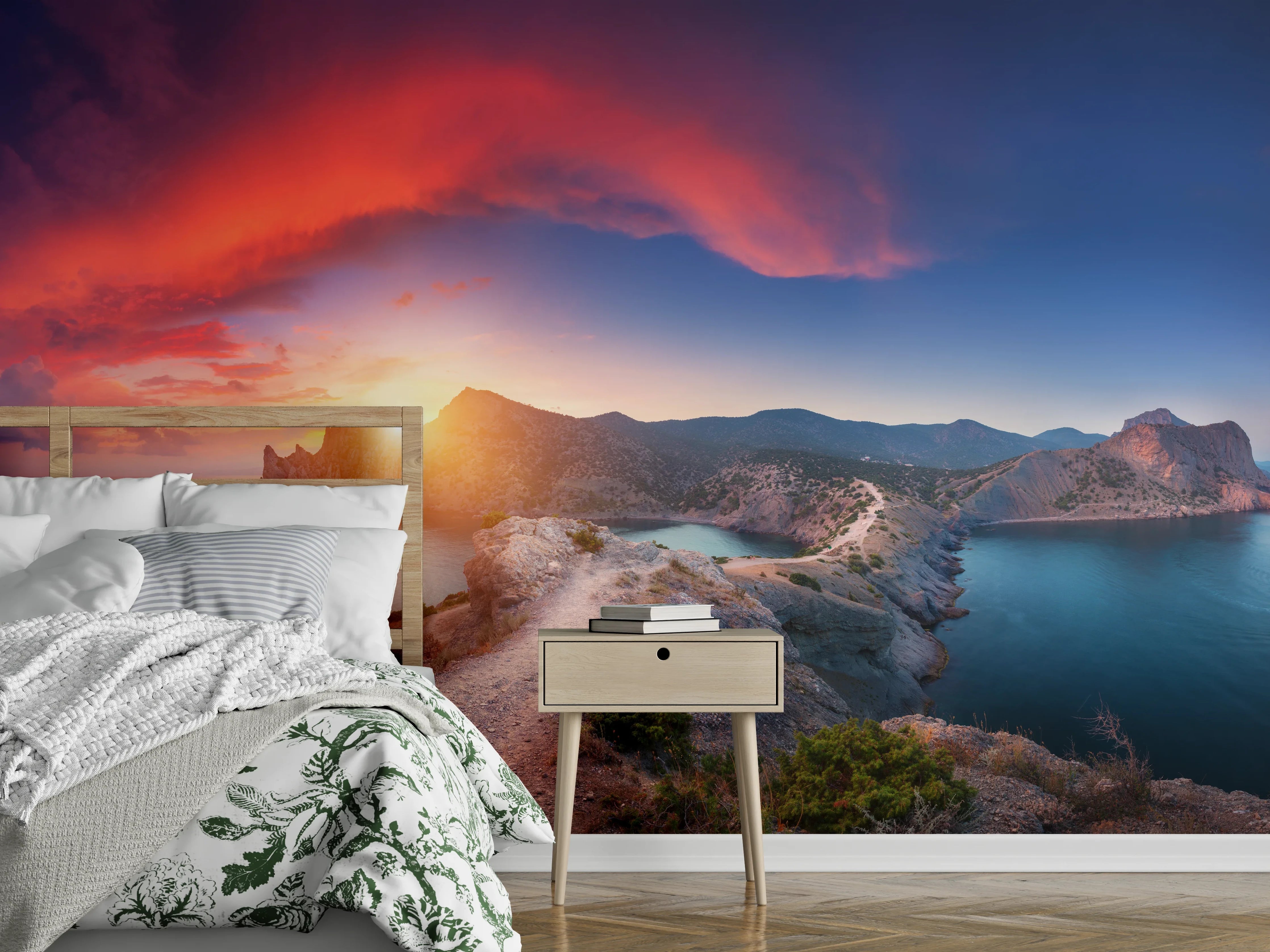 Wandverkleidung Schlafzimmer - Panorama Sonnenuntergang am Felsenmeer