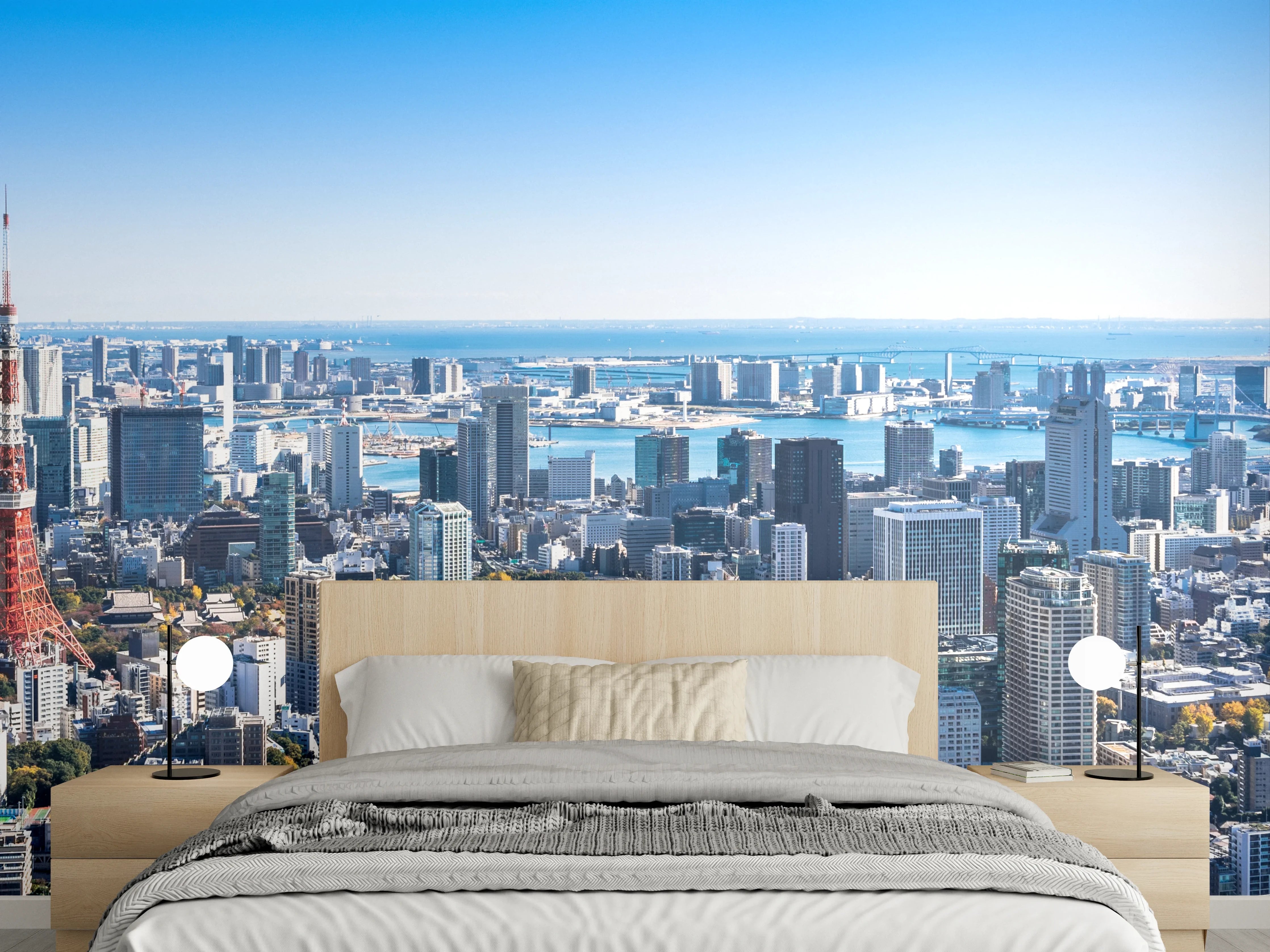 Wandverkleidung Schlafzimmer - Panorama Tokio Skyline modern und klar