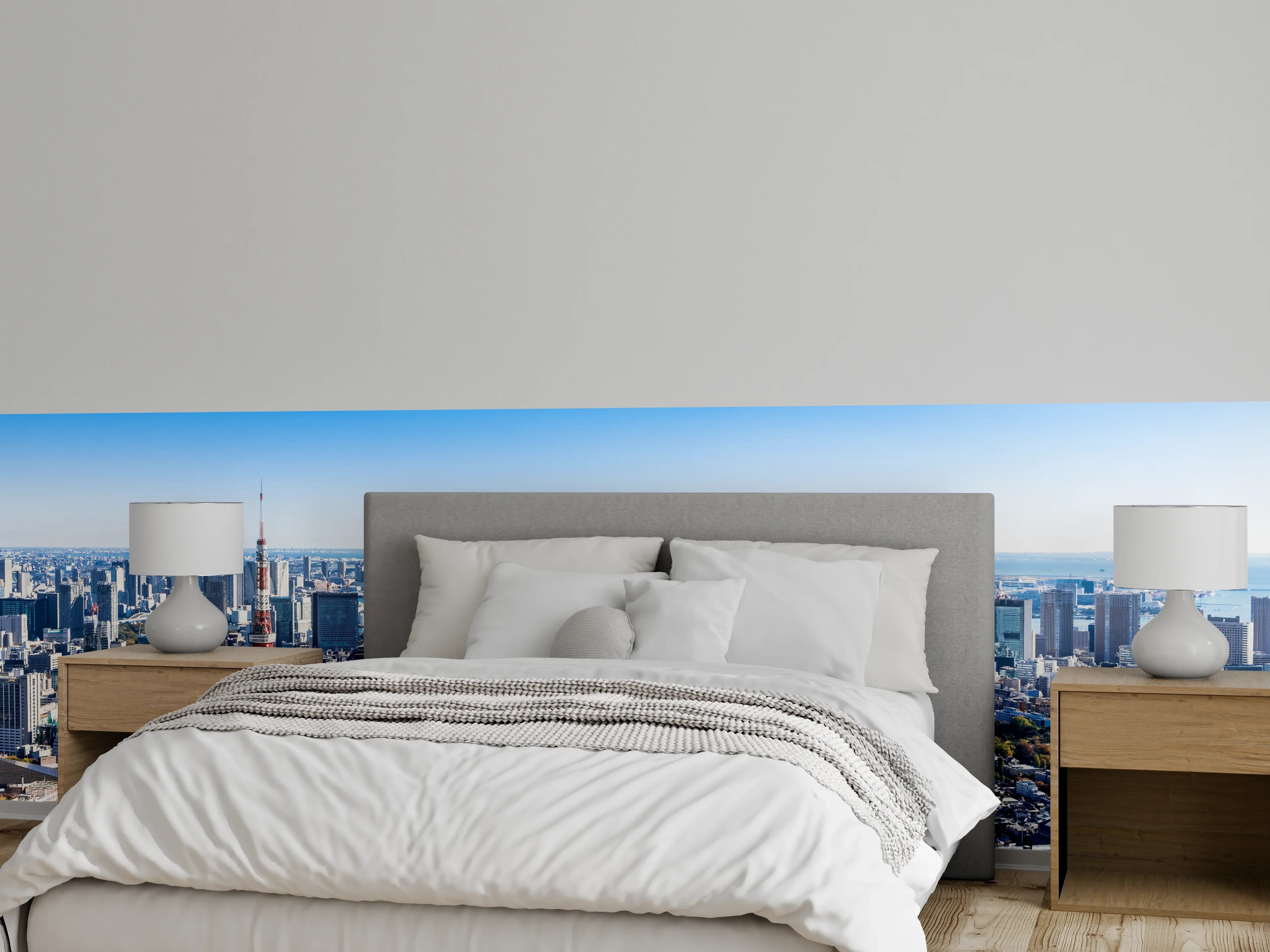 Wandverkleidung Schlafzimmer - Panorama Tokio Skyline modern und klar