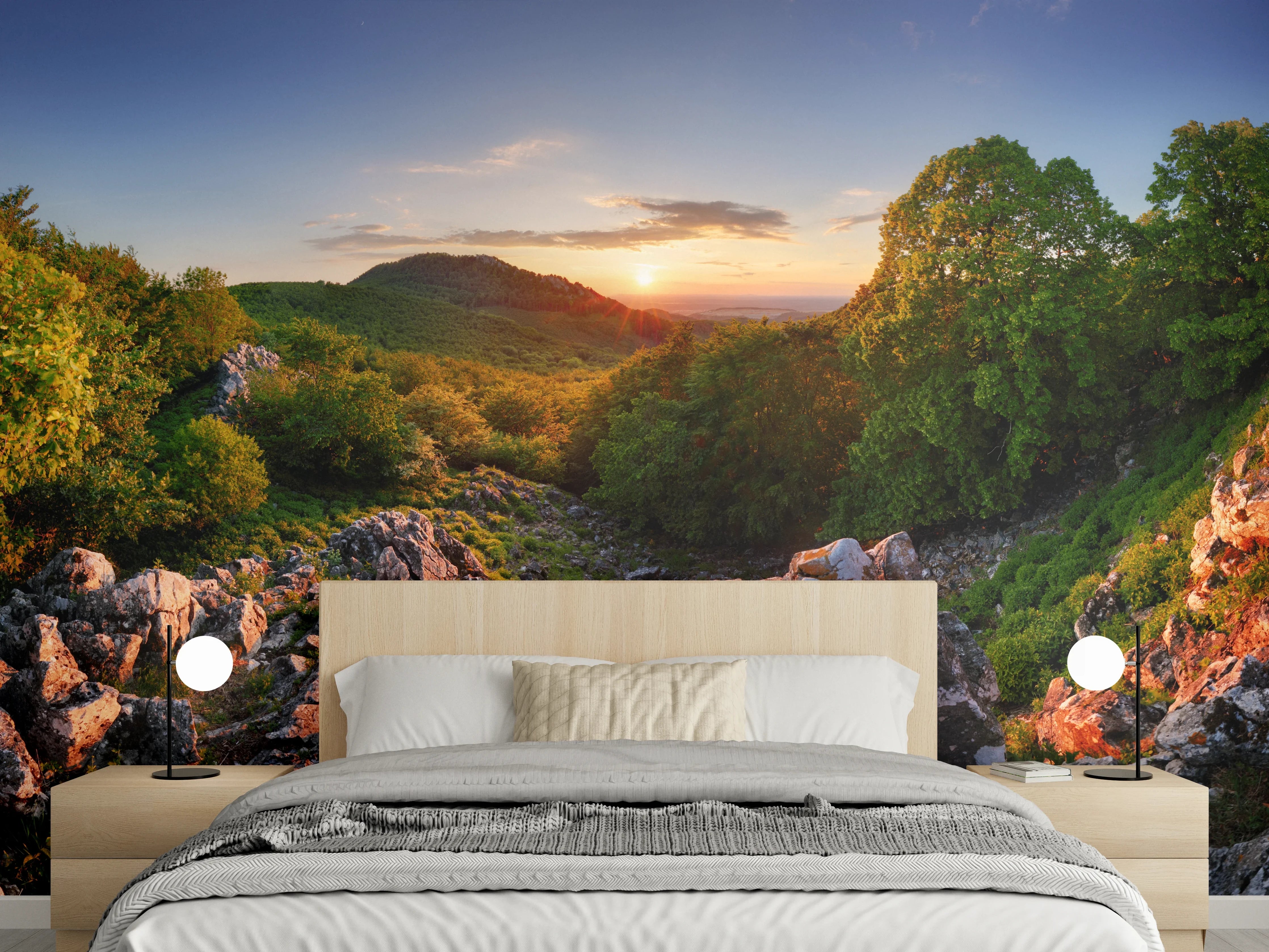 Wandverkleidung Schlafzimmer - Panorama-Waldlandschaft im Sonnenuntergang