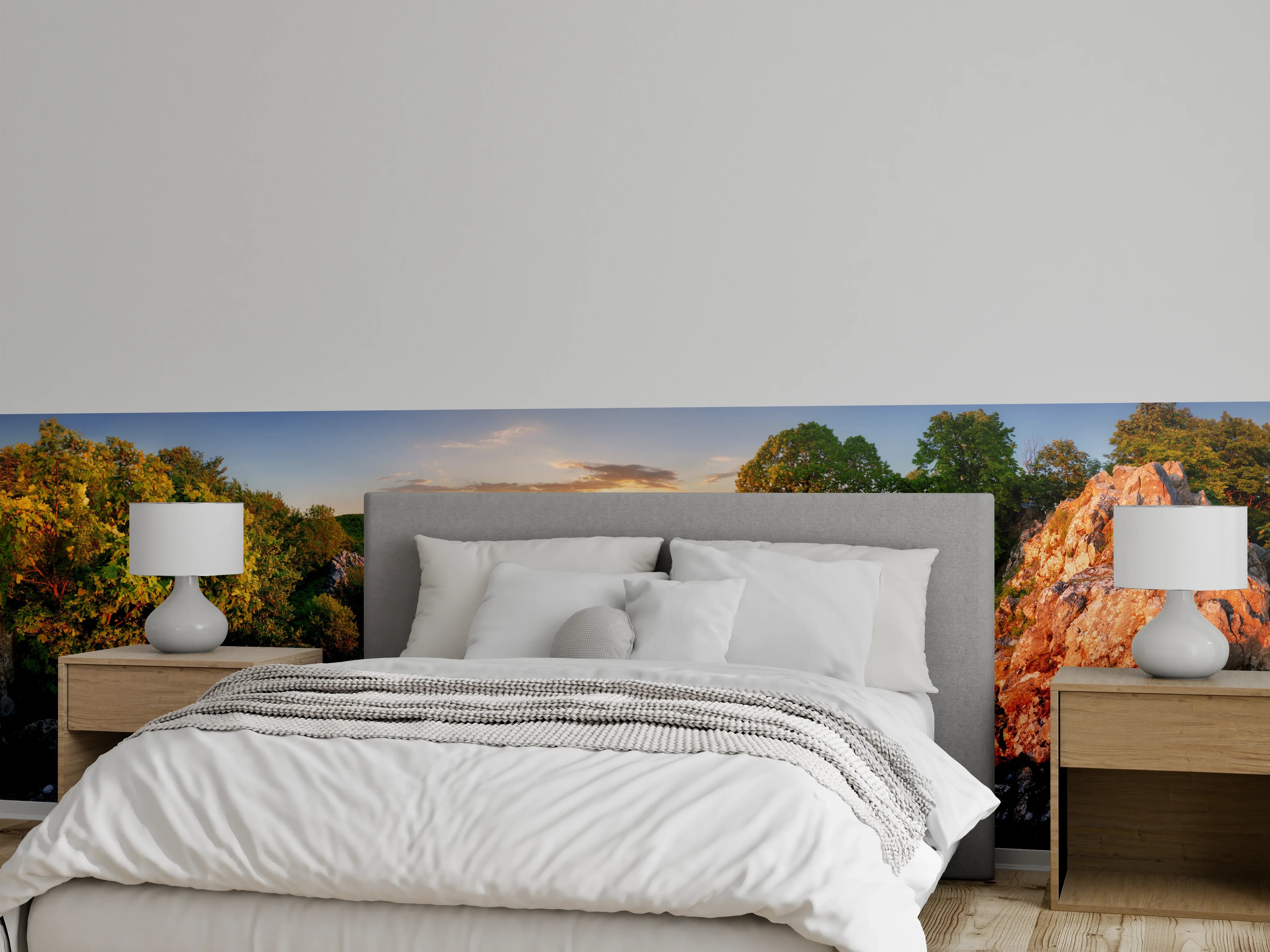 Wandverkleidung Schlafzimmer - Panorama-Waldlandschaft im Sonnenuntergang