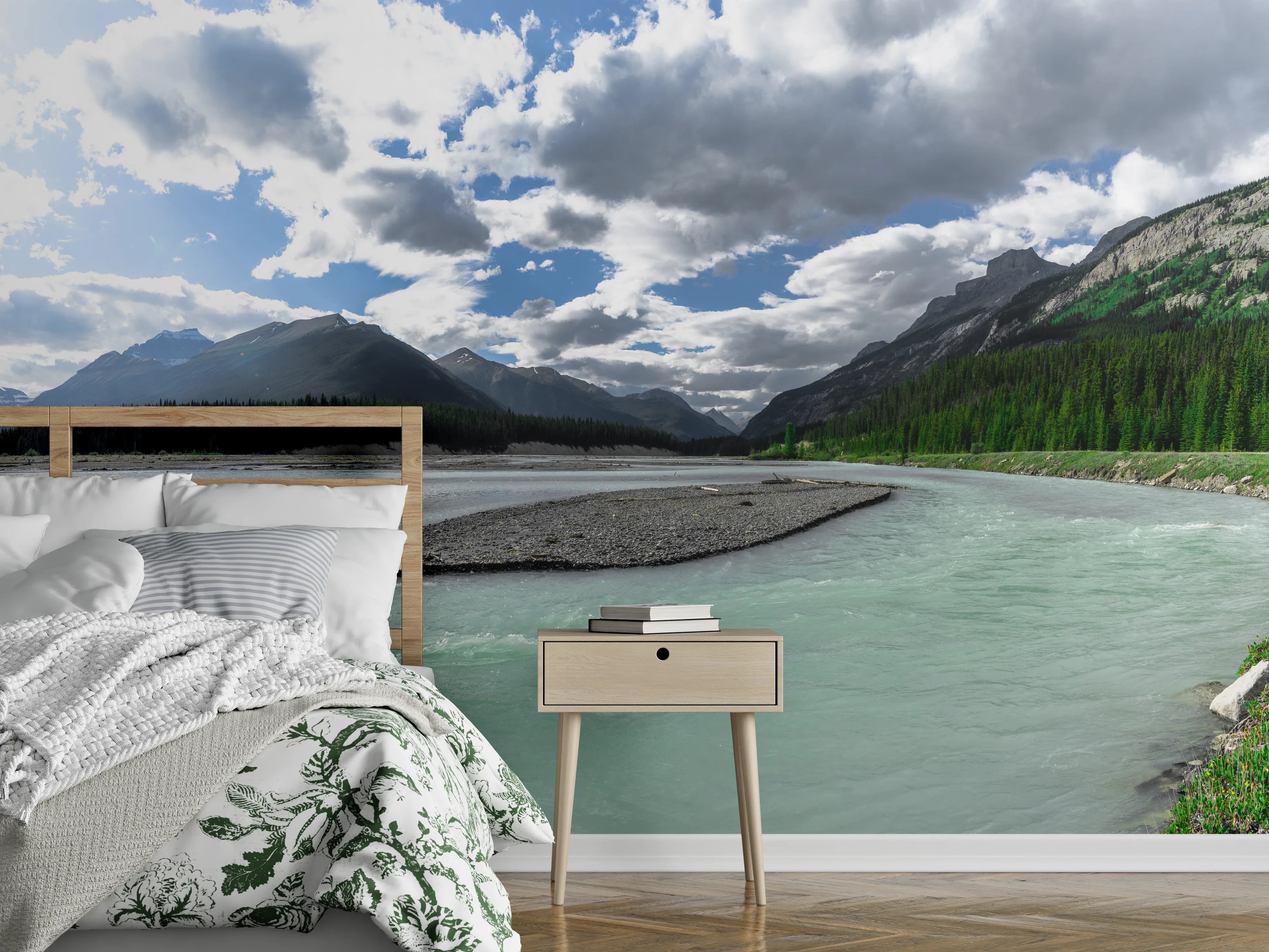 Wandverkleidung Schlafzimmer - Panorama Wildfluss Berge Natur klar