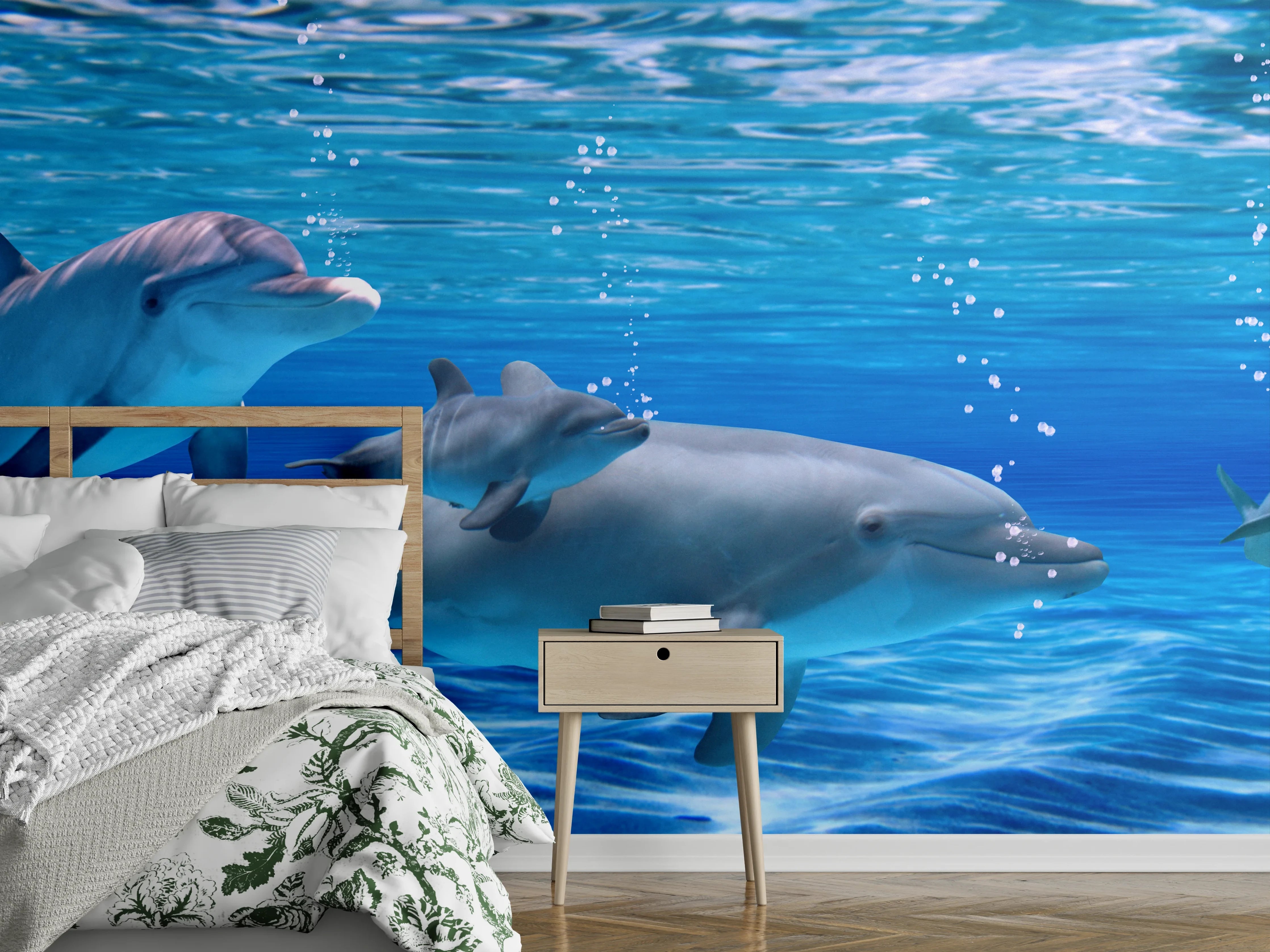 Wandverkleidung Schlafzimmer - Panorama der schwimmenden Delphine