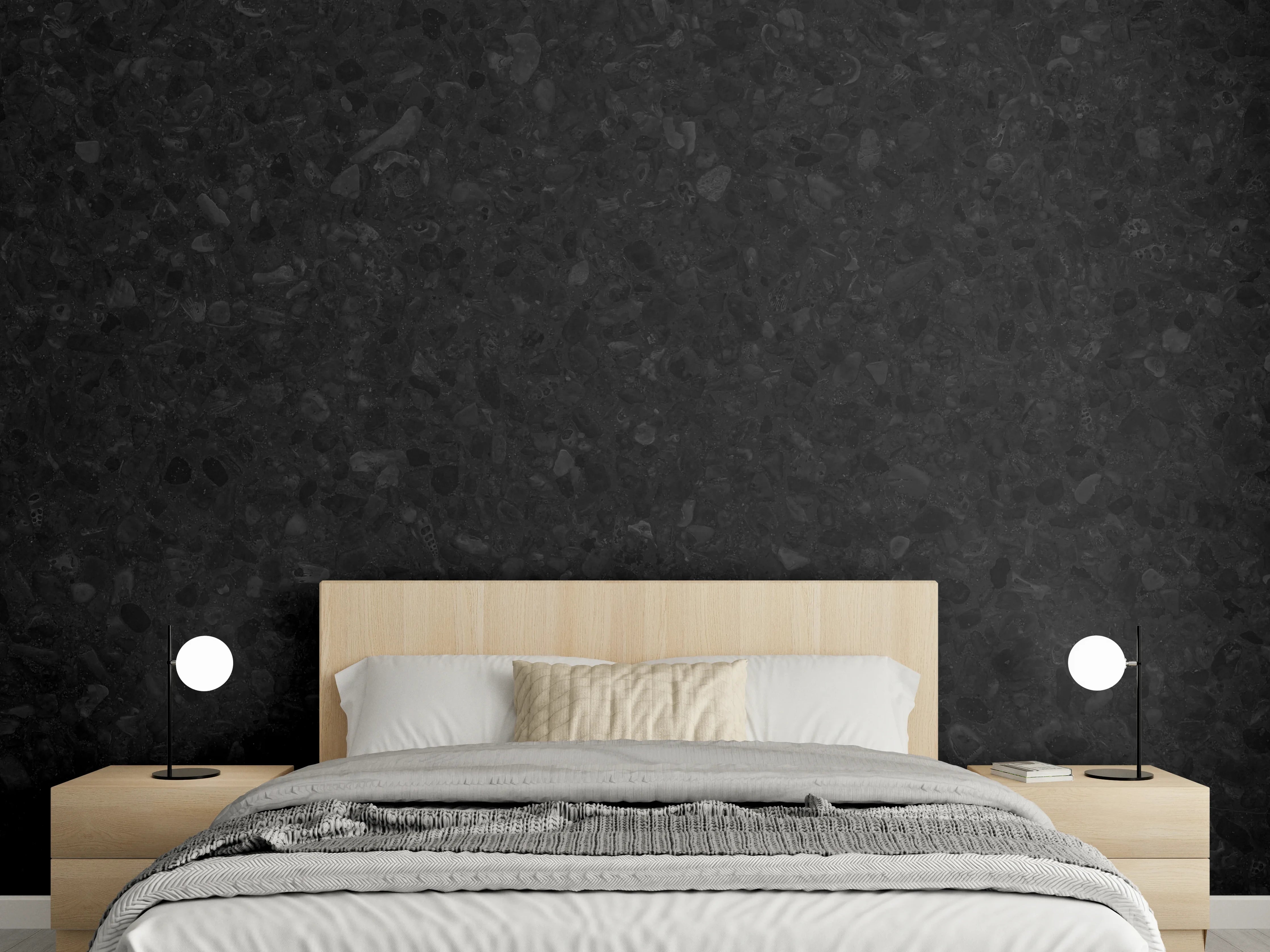 Wandverkleidung Schlafzimmer - Panorama des schwarzen Granitfliesenbodens