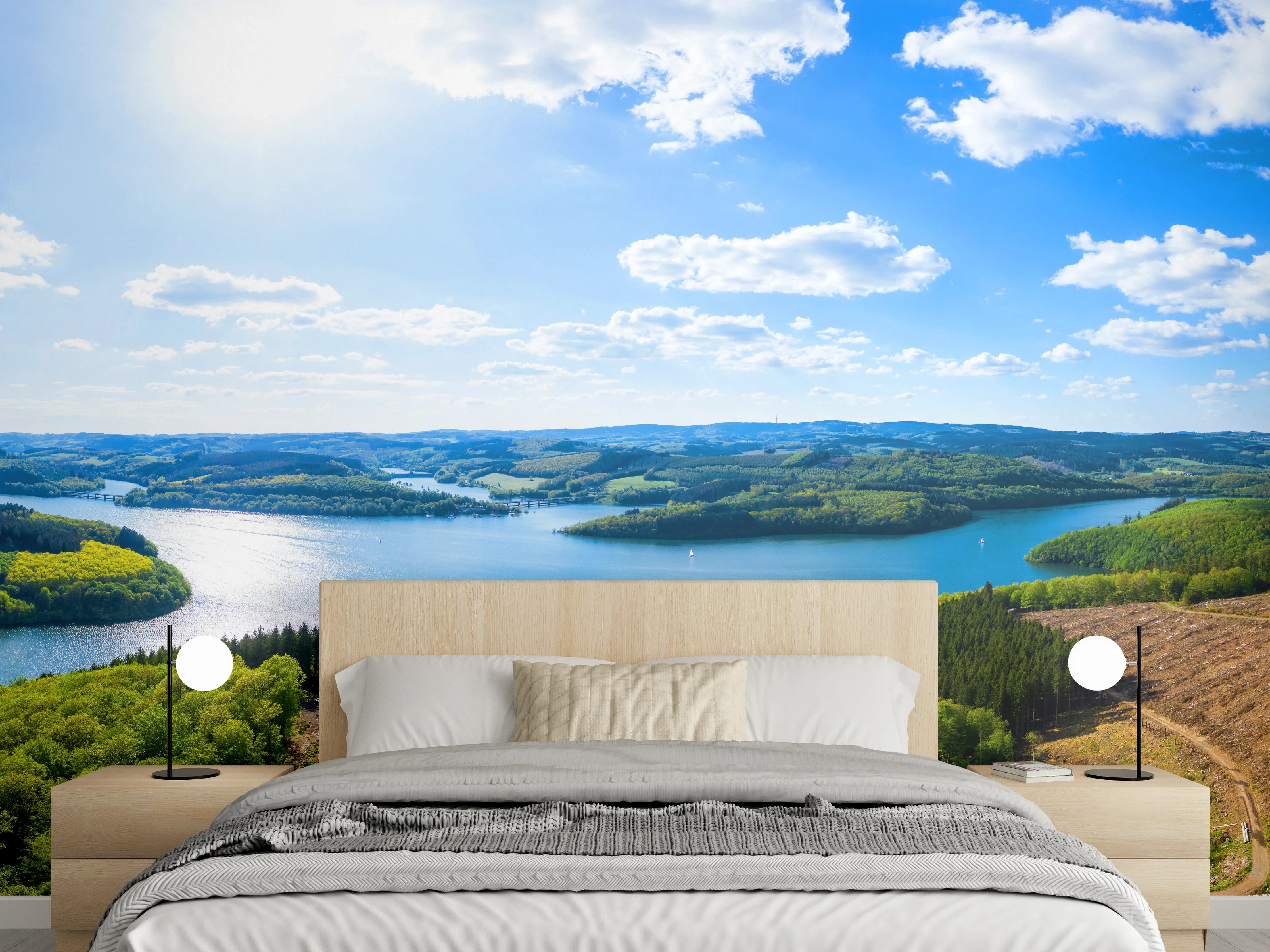 Wandverkleidung Schlafzimmer - Panoramaaussicht auf See und Wälder