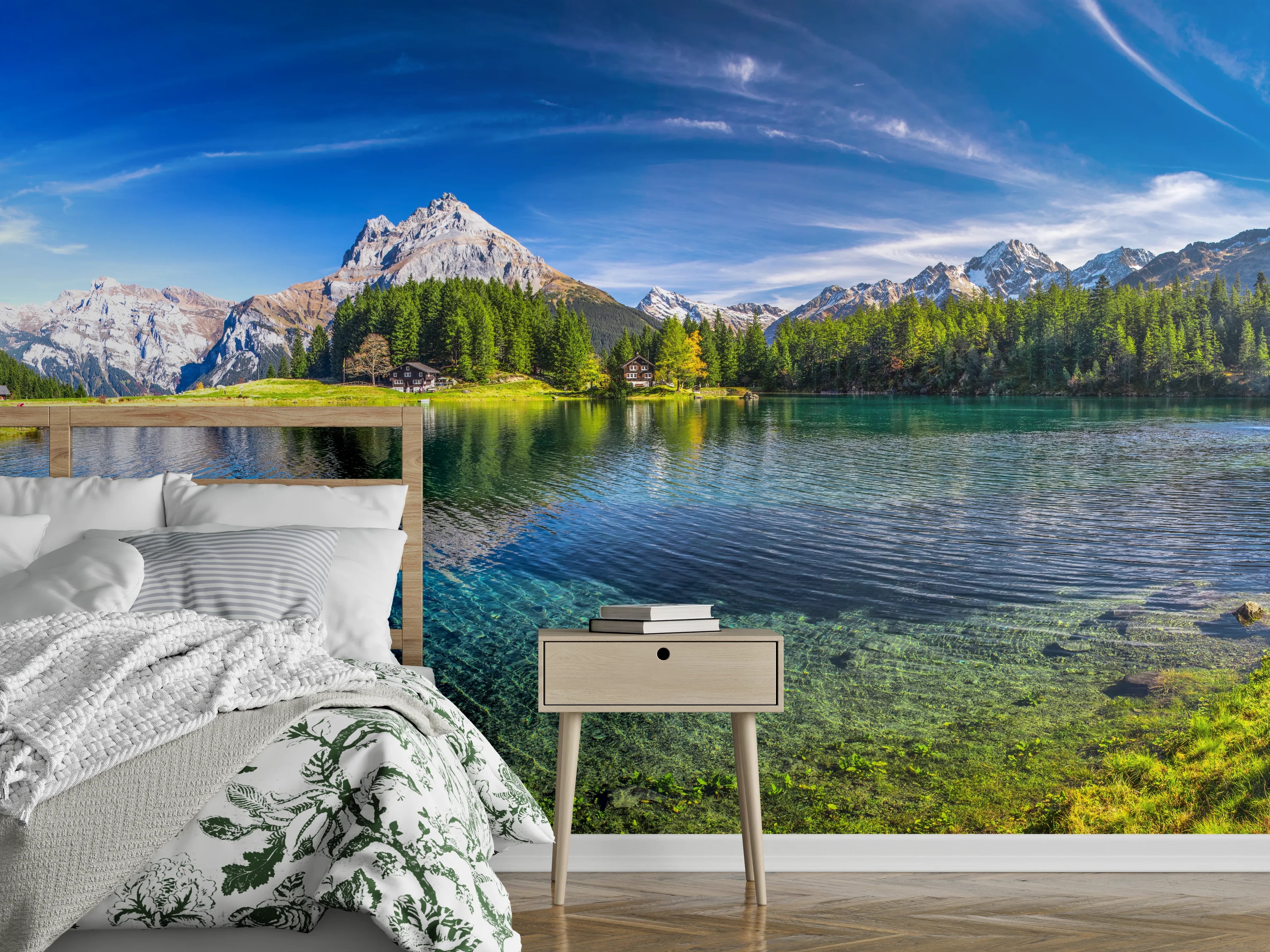 Wandverkleidung Schlafzimmer - Panoramablick Alpen Bergsee Naturidylle