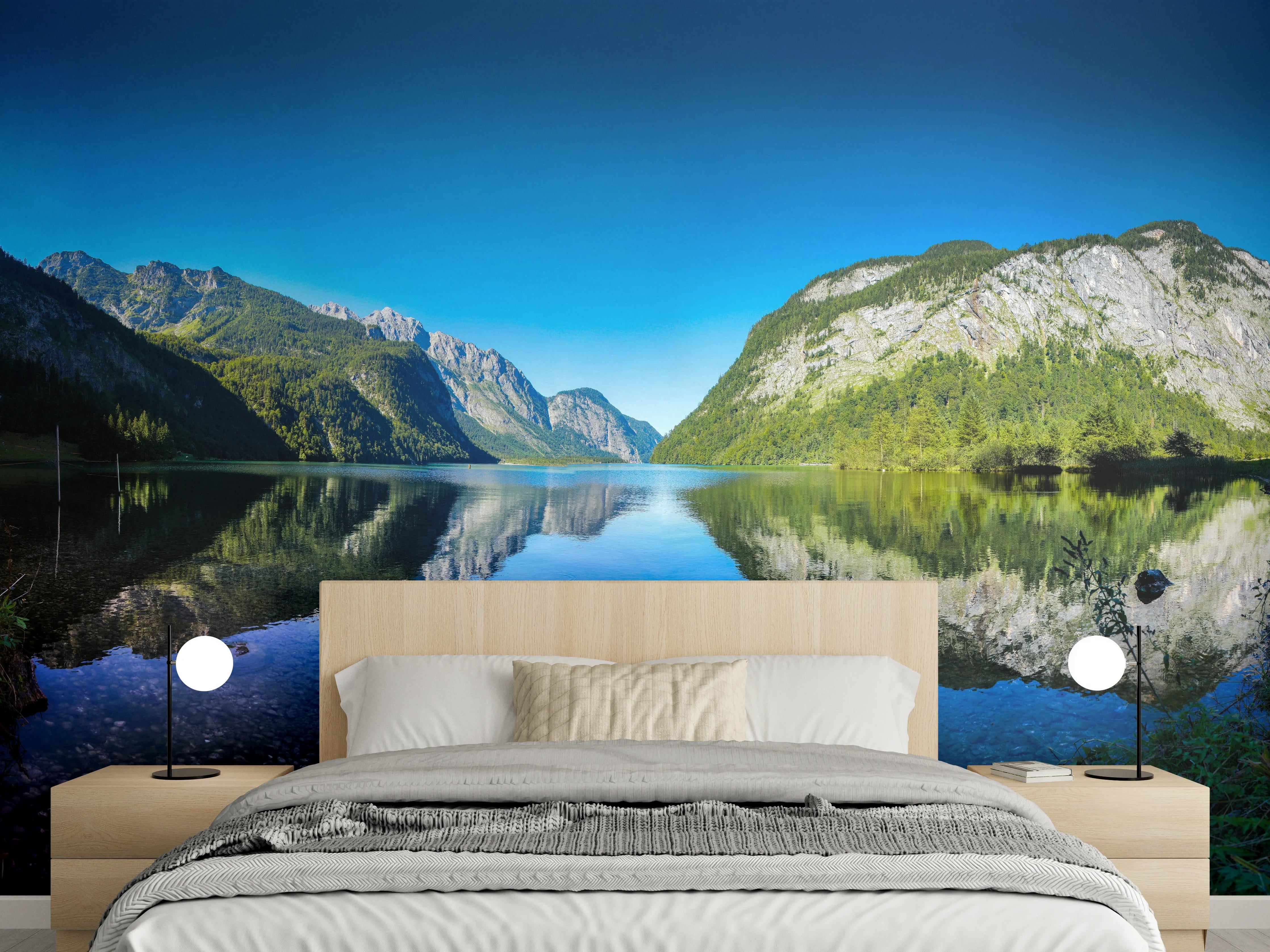 Wandverkleidung Schlafzimmer - Panoramablick Bergsee Naturidylle