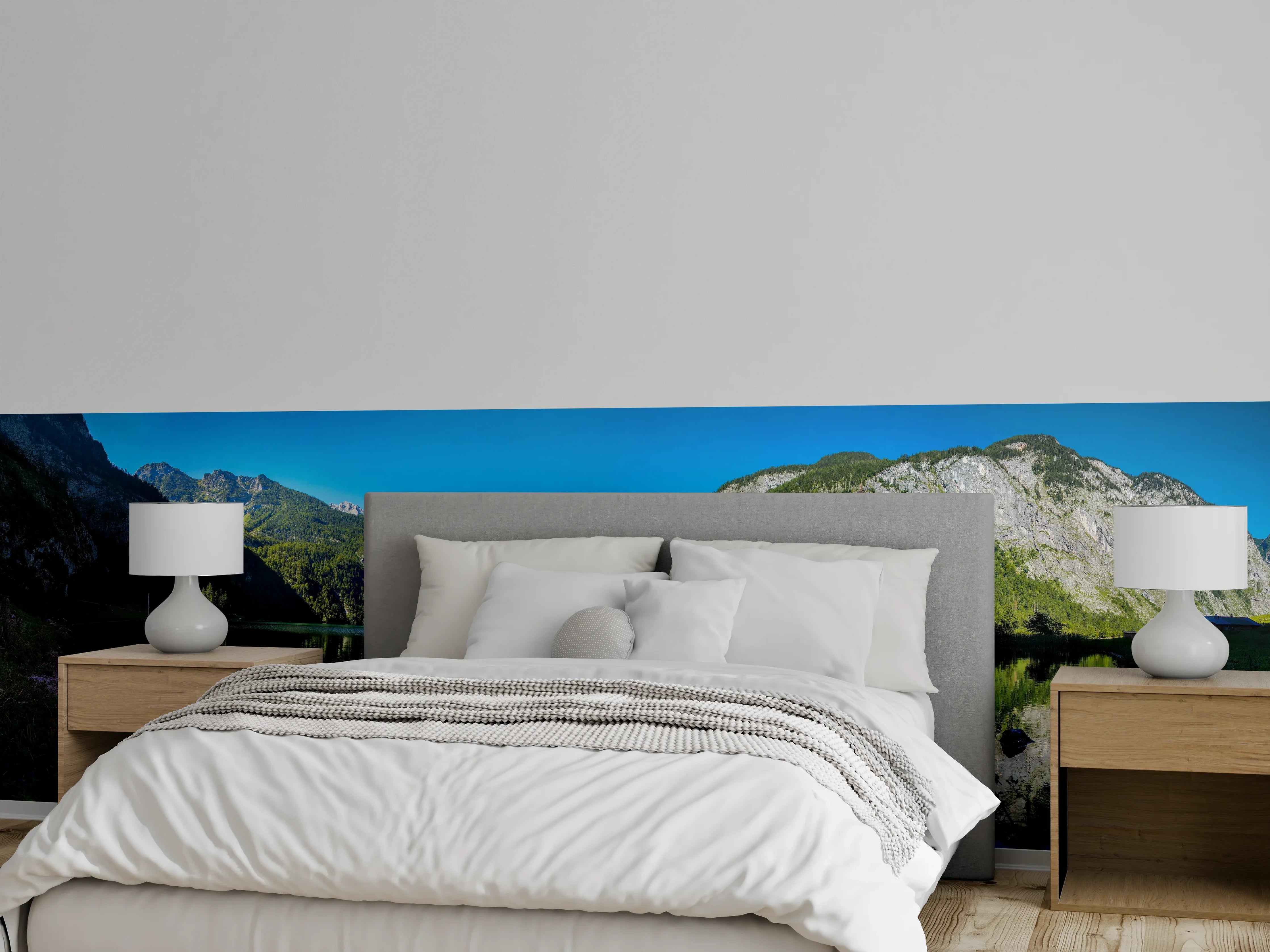 Wandverkleidung Schlafzimmer - Panoramablick Bergsee Naturidylle