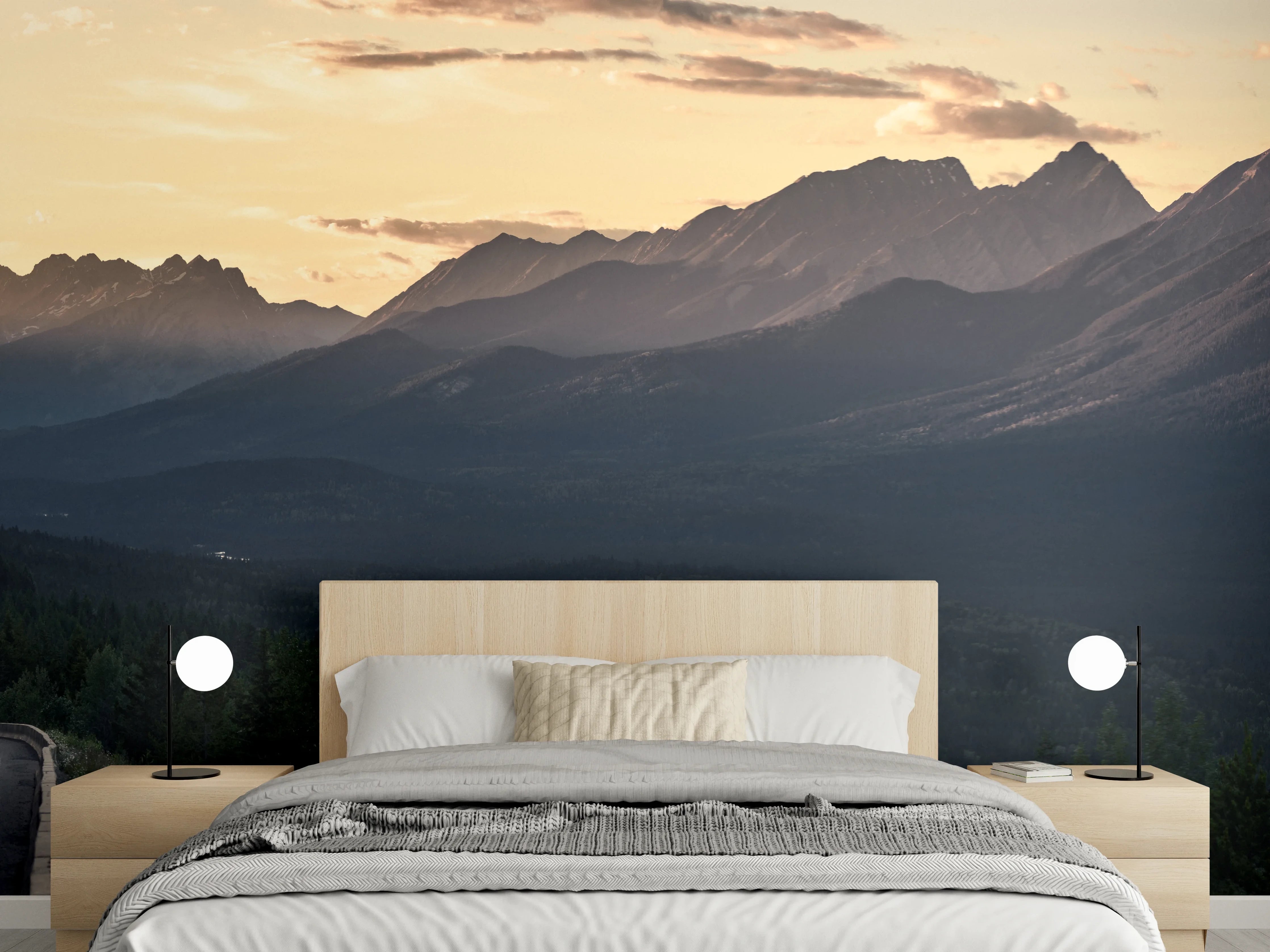 Wandverkleidung Schlafzimmer - Panoramablick auf Berge bei Sonnenuntergang