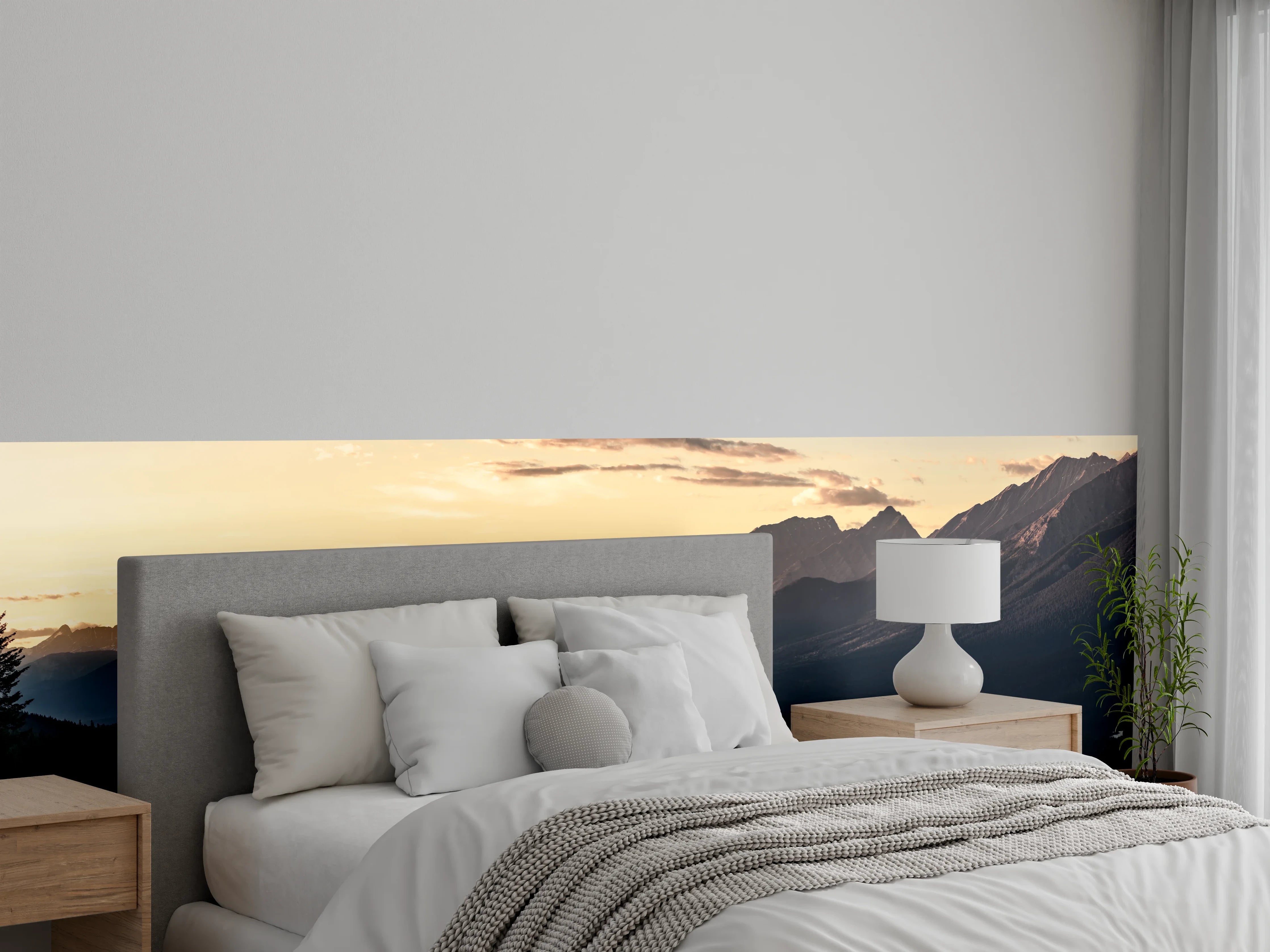 Wandverkleidung Schlafzimmer - Panoramablick auf Berge bei Sonnenuntergang