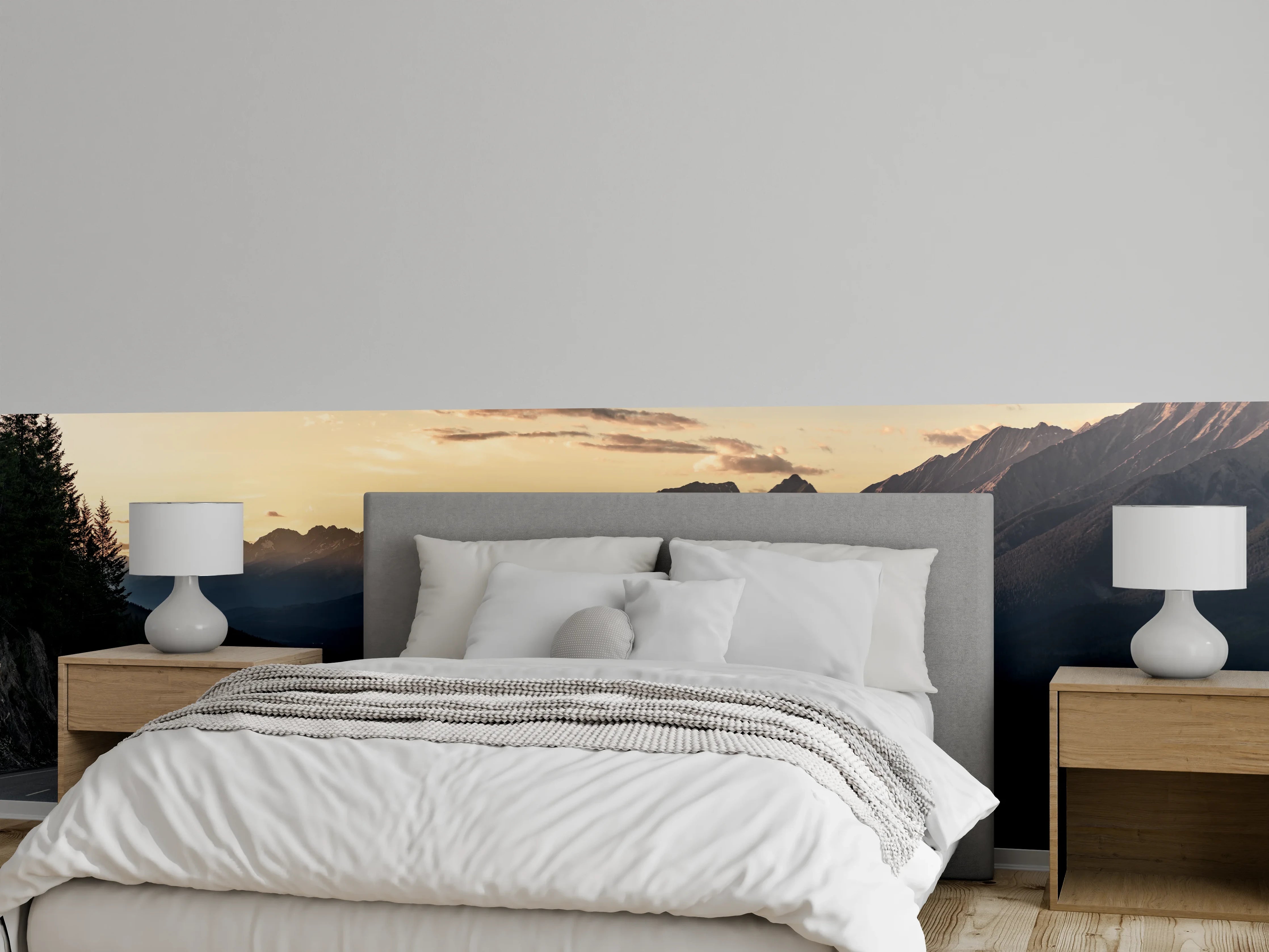 Wandverkleidung Schlafzimmer - Panoramablick auf Berge bei Sonnenuntergang