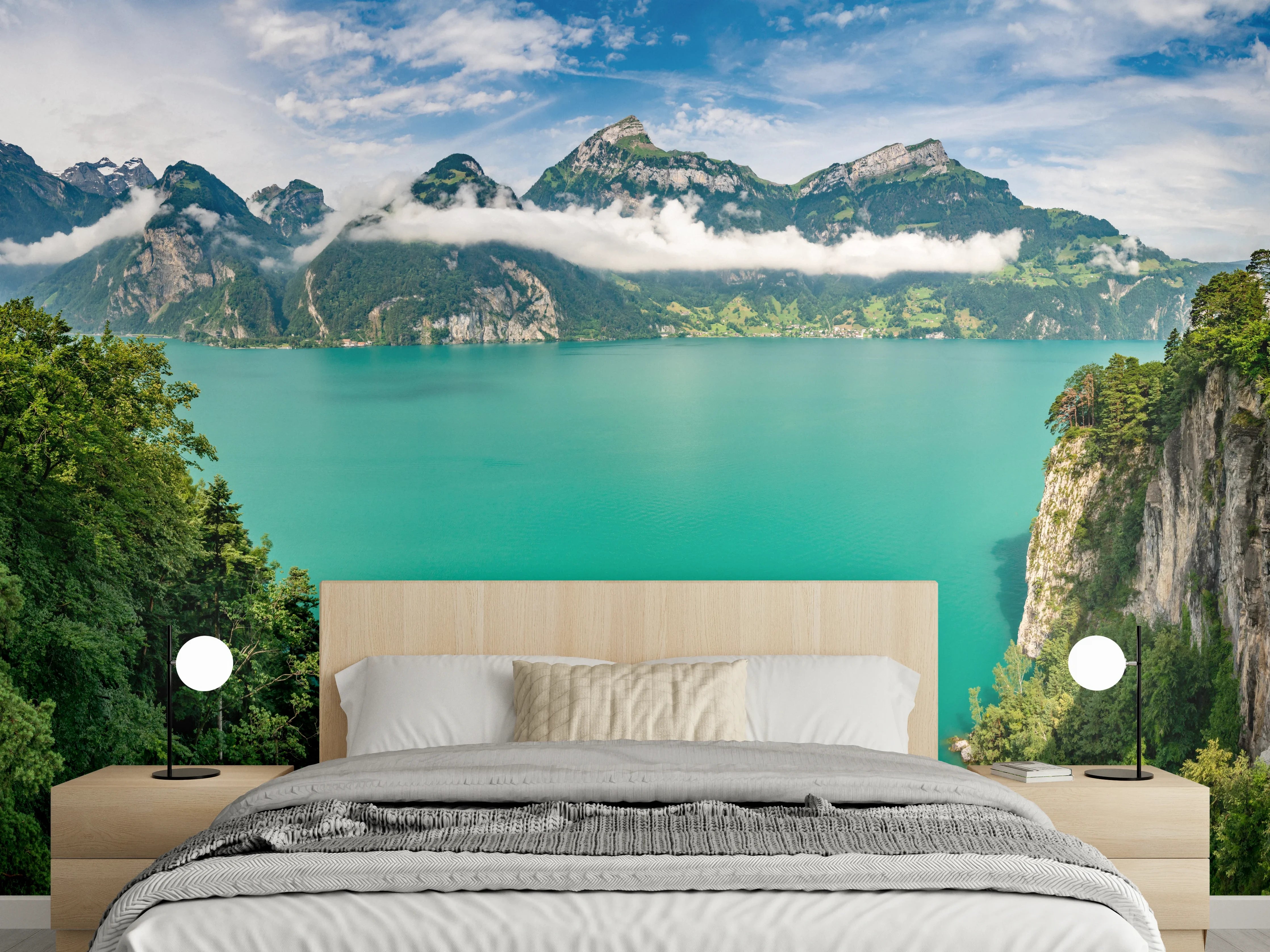 Wandverkleidung Schlafzimmer - Panoramablick: Türkiser See und Berge